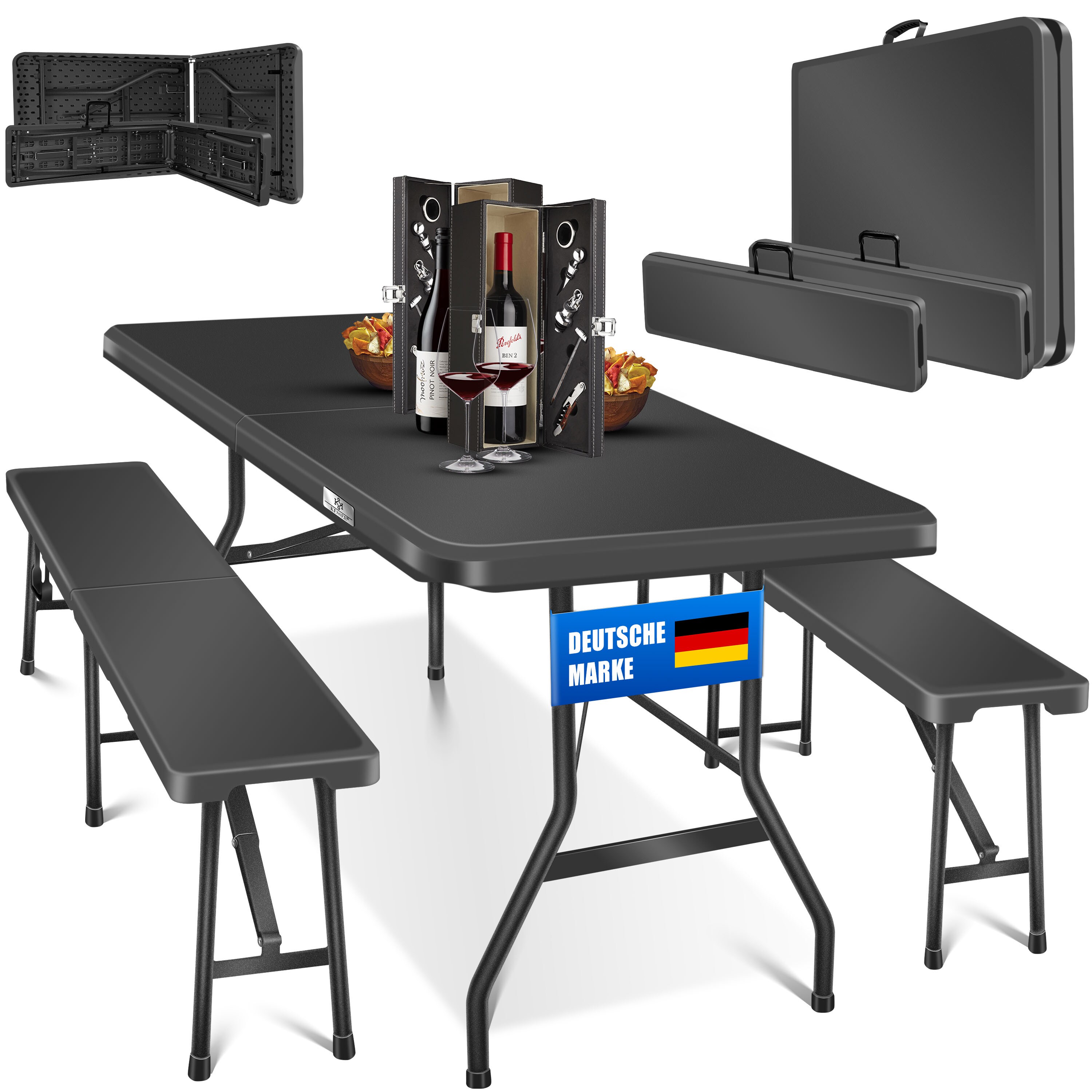 KESSER&reg; Bierzeltgarnitur 3-teilig Set Tisch & 2x Bank | Buffettisch f&uuml;r drinnen & drau&szlig;en Gartengarnitur klappbar 183x76x74cm Kunststoff Klapptisch Gartentisch inkl. Abdeckung & Tragegriffe - Bild 1