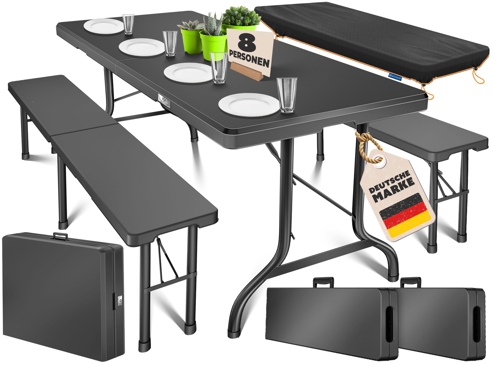 KESSER® Bierzeltgarnitur 3-teilig Set Tisch & 2x Bank Buffettisch für drinnen & draußen Gartengarnitur klappbar 183x76x74cm Kunststoff Klapptisch Gartentisch inkl. Abdeckung & Tragegriffe