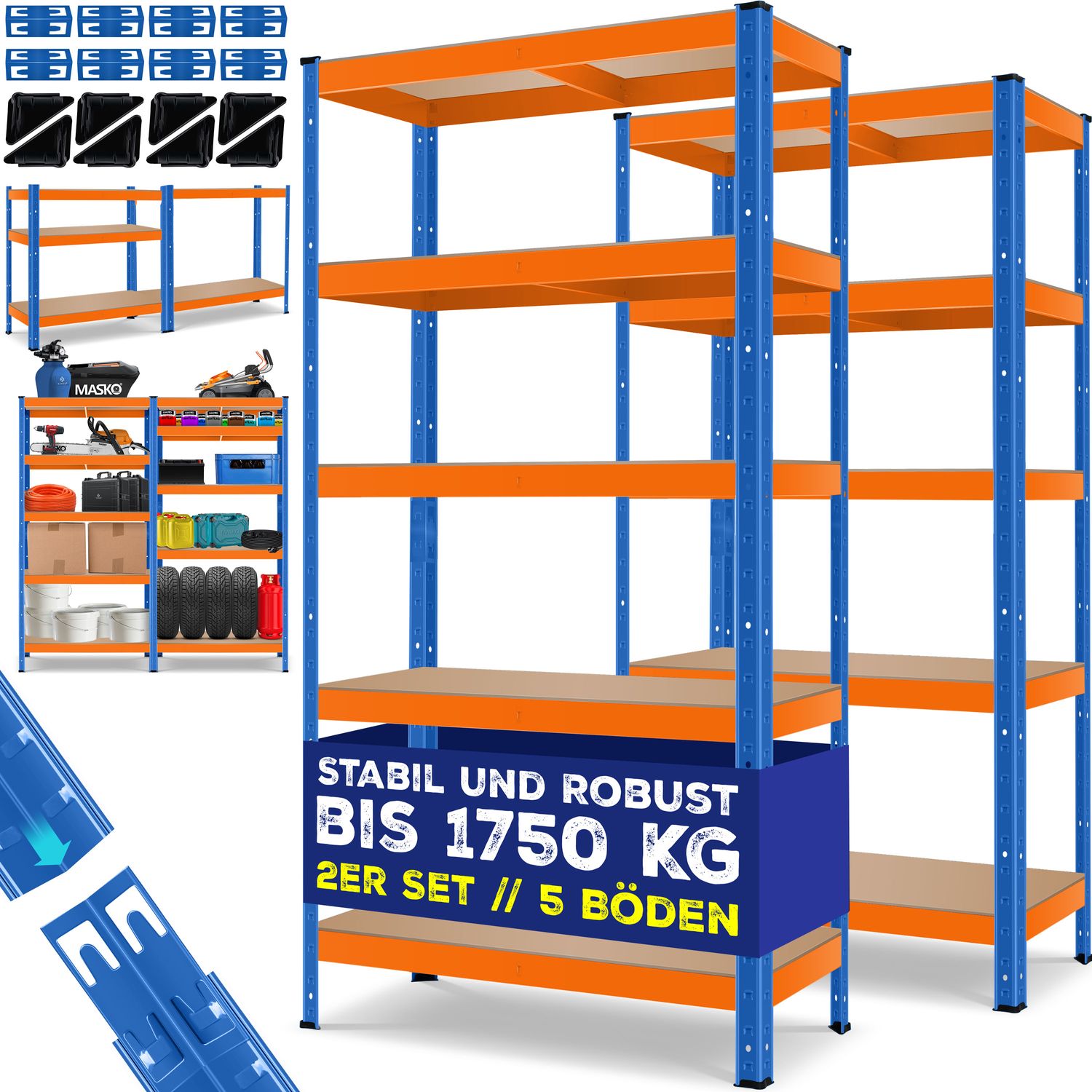 MASKO&reg; 2er-Set Lagerregal Schwerlastregal, Kellerregal, verstellbare Ablagen, MDF-Platten Regal aus Metall, Steckregal, Werkstattregal, Keller, Garage - Bild 1