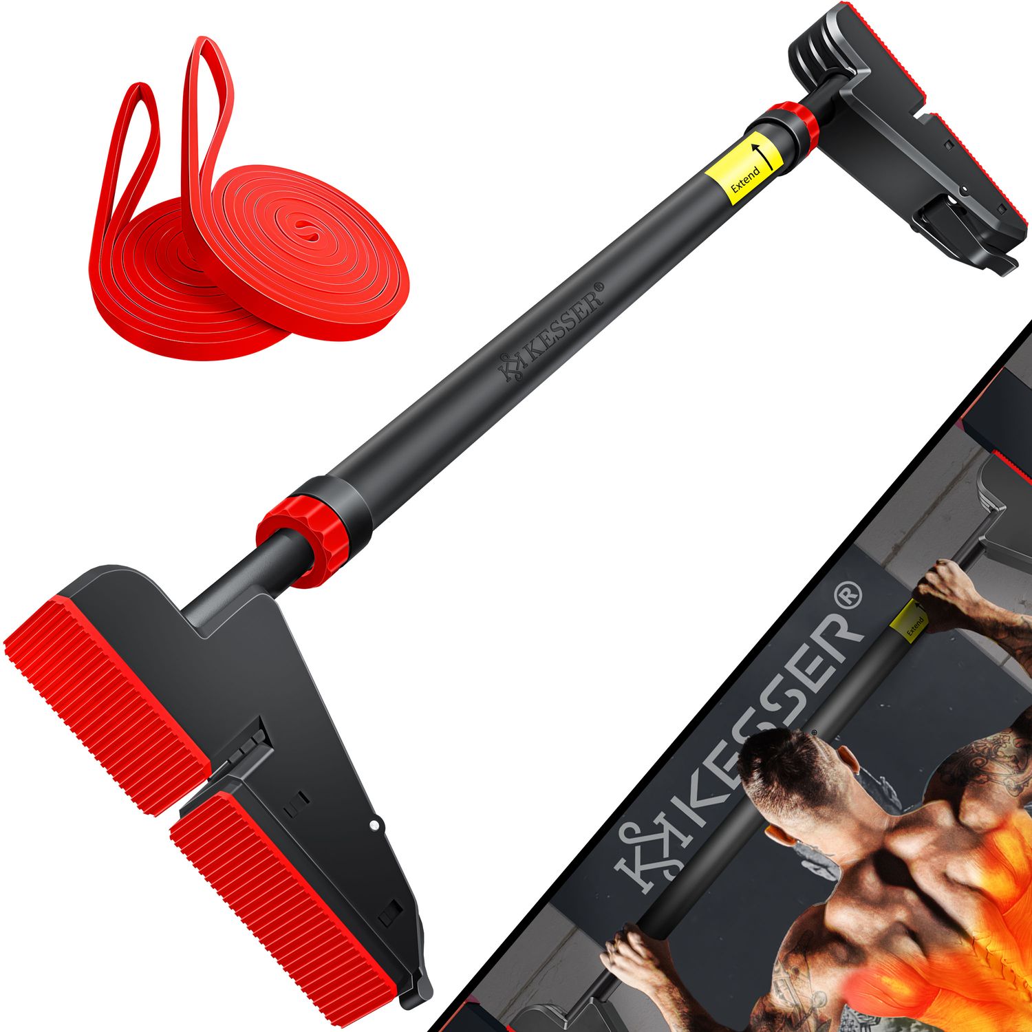 KESSER&reg; Klimmzugstange T&uuml;rrahmen verstellbar, Pull Up Bar Heimturnhalle, Reckstange ohne Schrauben/Bohren, 76-112 cm Ausziehbar, Tragf&auml;higkeit bis zu 300Kg & rutschfeste Griffe, inkl. Resistenzb&auml;nder - Bild 1