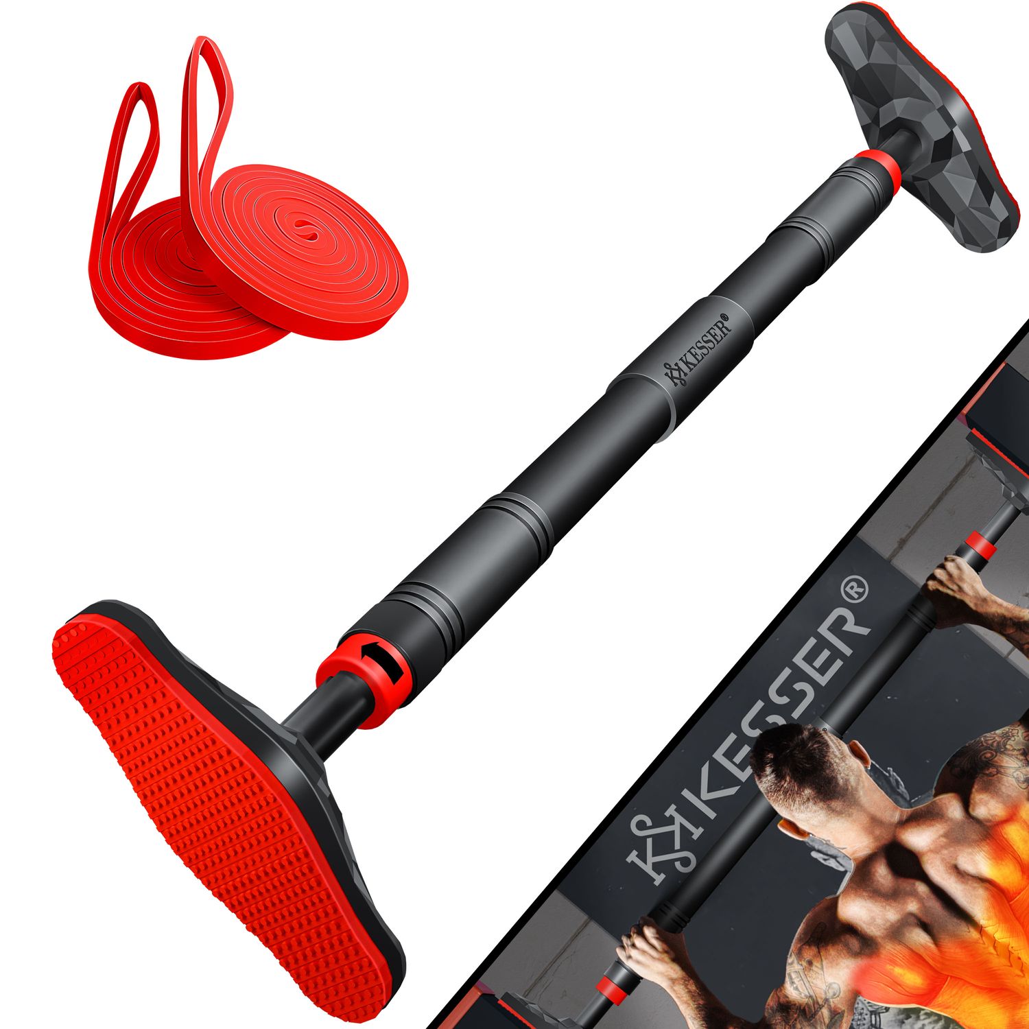 KESSER&reg; Klimmzugstange T&uuml;rrahmen verstellbar, Pull Up Bar Heimturnhalle, Reckstange ohne Schrauben/Bohren, 68-106 cm Ausziehbar, Tragf&auml;higkeit bis zu 300Kg & rutschfeste Griffe, inkl. Resistenzb&auml;nder - Bild 1