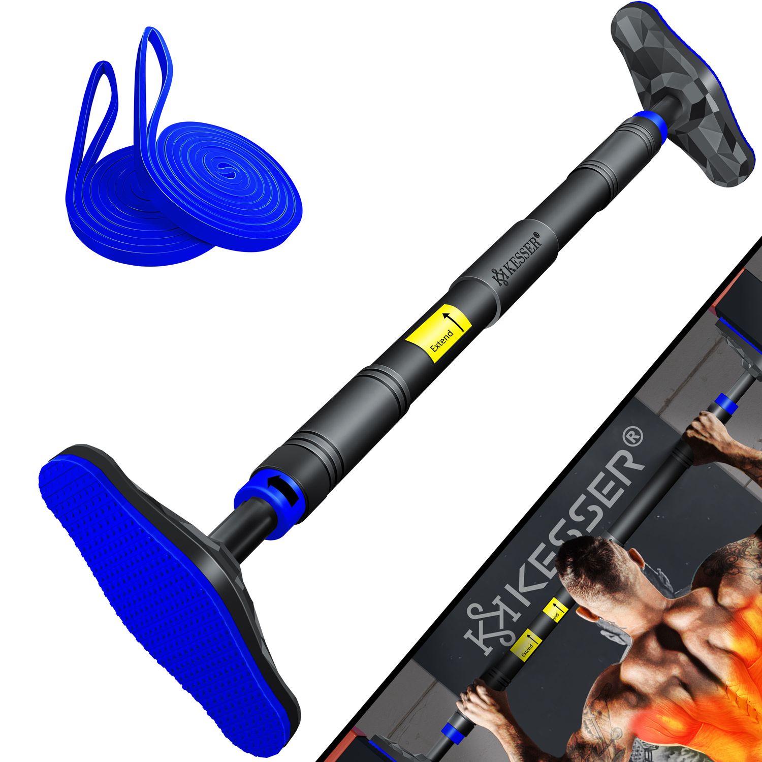 KESSER&reg; Klimmzugstange T&uuml;rrahmen verstellbar, Pull Up Bar Heimturnhalle, Reckstange ohne Schrauben/Bohren, 68-106 cm Ausziehbar, Tragf&auml;higkeit bis zu 300Kg & rutschfeste Griffe, inkl. Resistenzb&auml;nder - Bild 1
