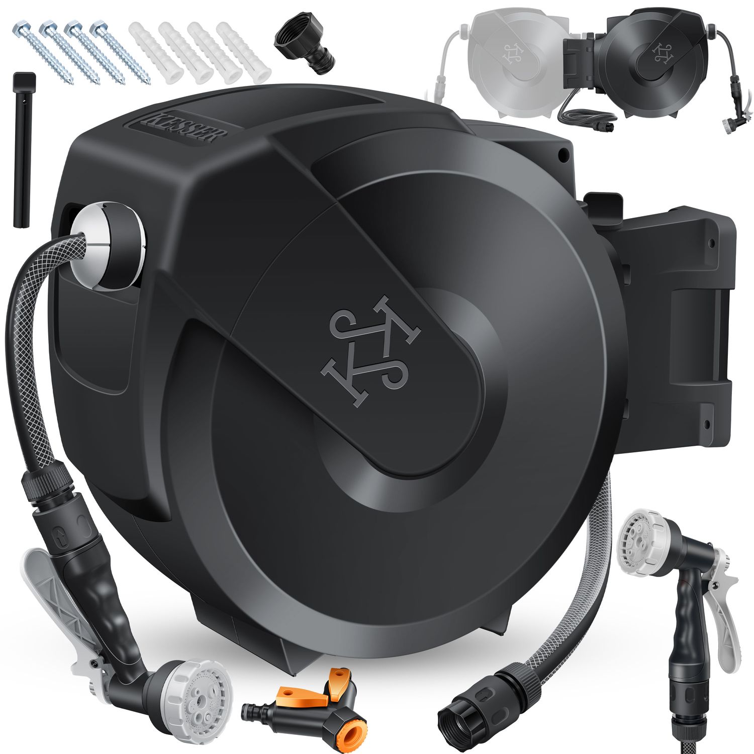 KESSER&reg; Schlauchtrommel mit Gartenschlauch | Wasserschlauchtrommel zur Wandmontage | Wandhalterung | 180&deg; schwenkbar & automatische Aufrollung | Wand-Schlauchbox inkl. 7-Funktionen Handbrause - Bild 1