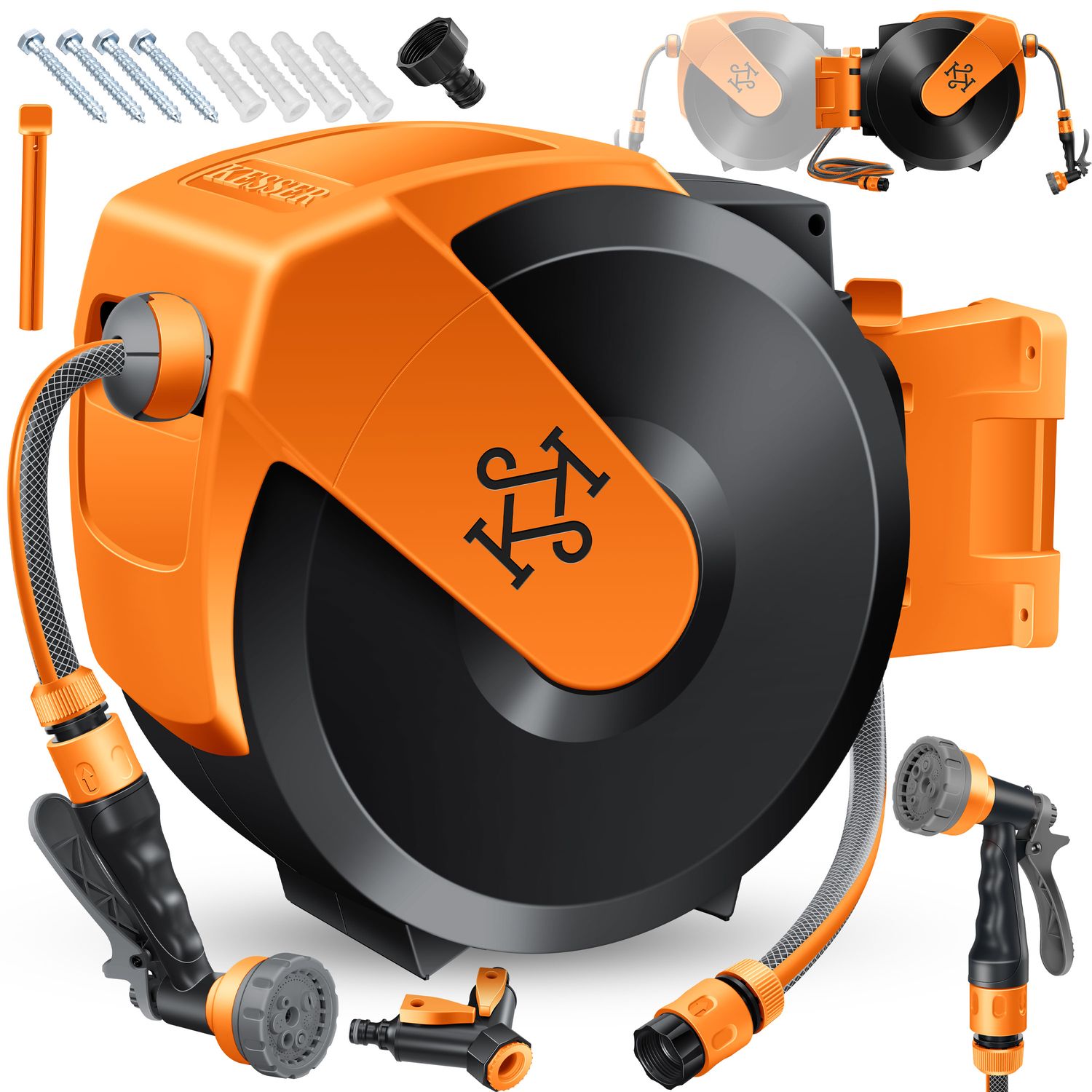 KESSER&reg; Schlauchtrommel mit Gartenschlauch | Wasserschlauchtrommel zur Wandmontage | Wandhalterung | 180&deg; schwenkbar & automatische Aufrollung | Wand-Schlauchbox inkl. 7-Funktionen Handbrause - Bild 1