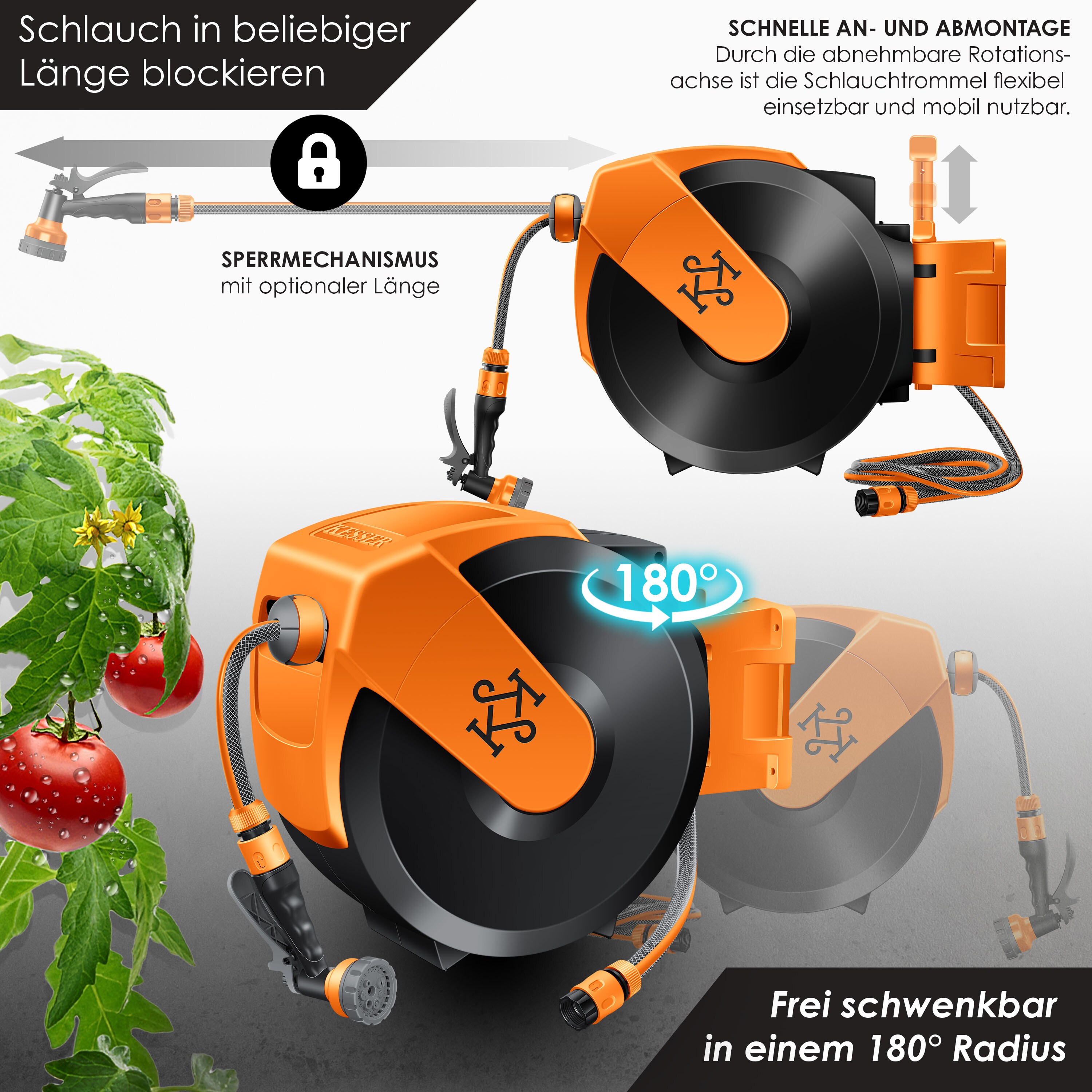 KESSER® Schlauchtrommel mit Gartenschlauch | Wasserschlauchtrommel zur Wandmontage | Wandhalterung | 180° schwenkbar & automatische Aufrollung