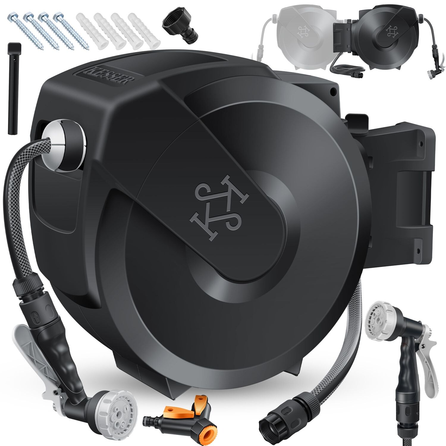 KESSER® Schlauchtrommel mit Gartenschlauch   Wasserschlauchtrommel zur Wandmontage   Wandhalterung   180° schwenkbar & automatische Aufrollung   Wand-Schlauchbox inkl. 7-Funktionen Handbrause | 04255598333962