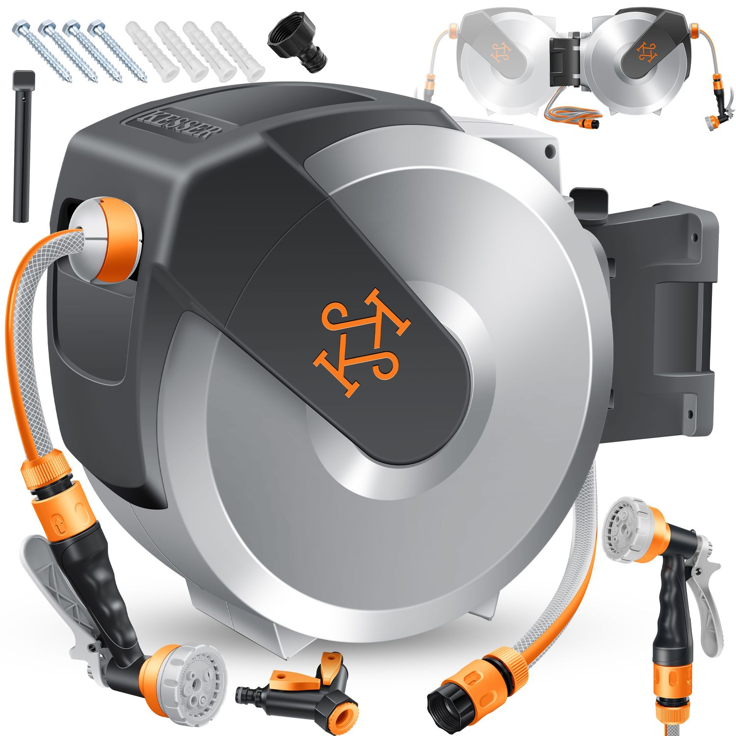 KESSER&reg; Schlauchtrommel mit Gartenschlauch | Wasserschlauchtrommel zur Wandmontage | Wandhalterung | 180&deg; schwenkbar & automatische Aufrollung | Wand-Schlauchbox inkl. 7-Funktionen Handbrause - Bild 1