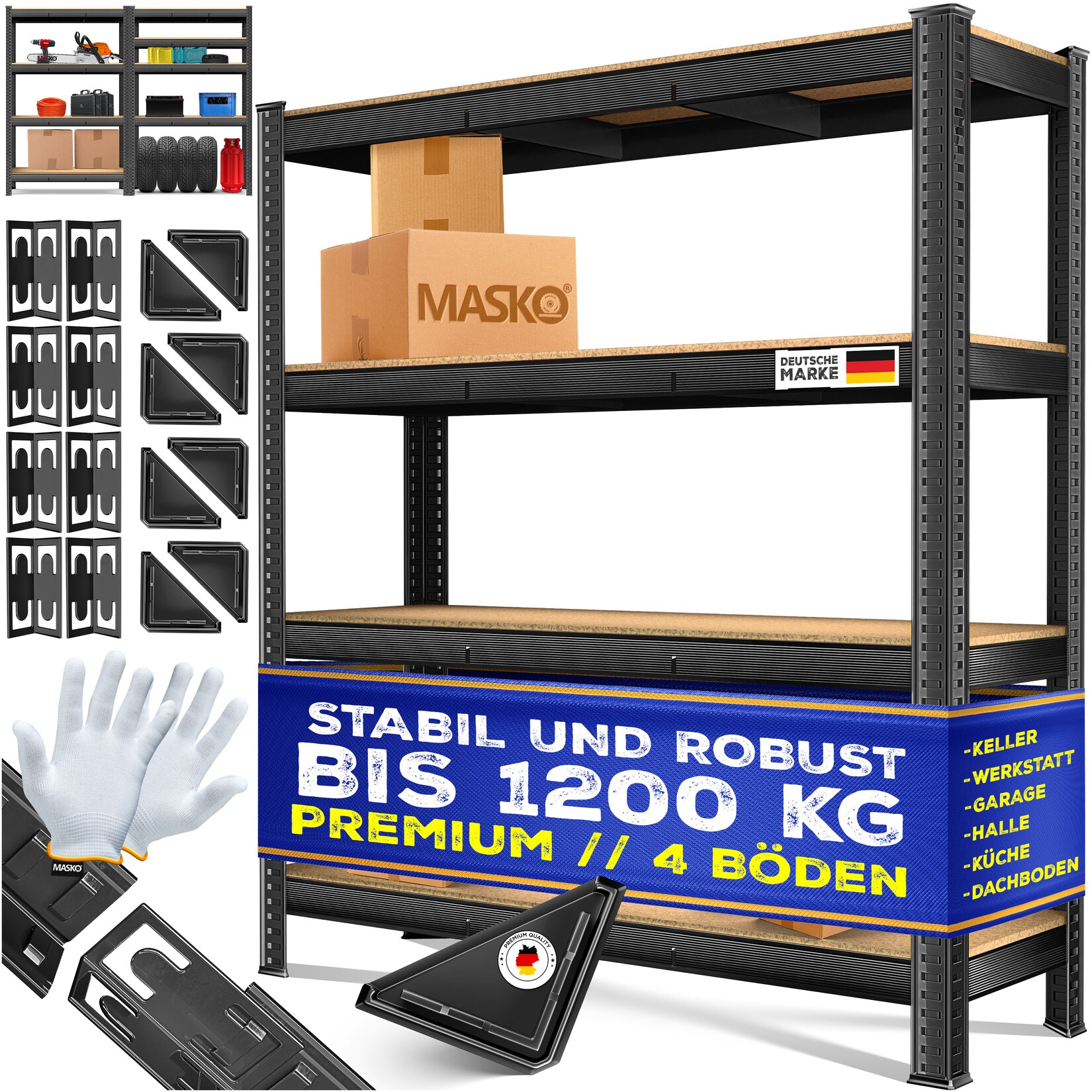 MASKO® Schwerlastregal Lagerregal Kellerregal 160x160x40cm, verstellbare Ablagen, MDF-Platten Regal aus Metall, Steckregal, Werkstattregal Stahlgestell Garage Werkbank