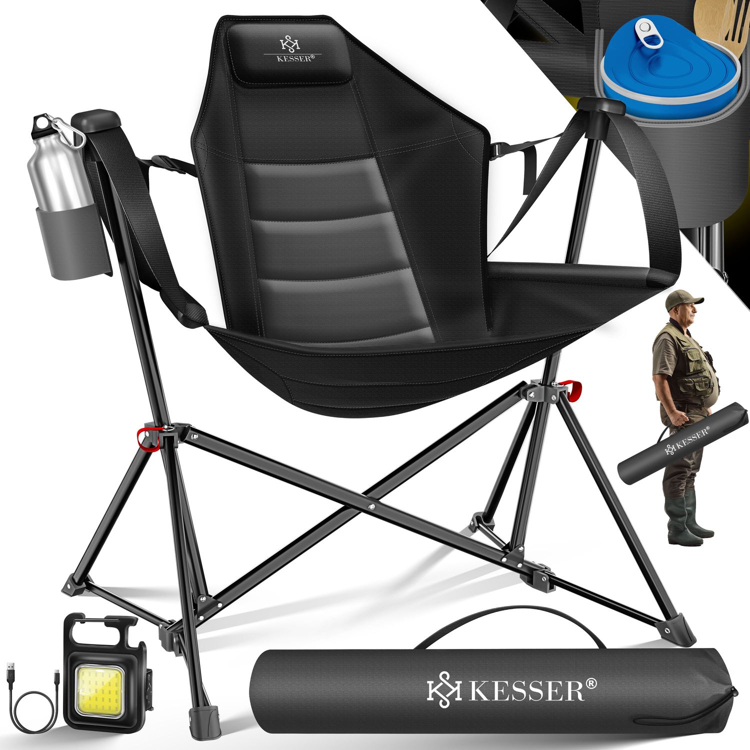 KESSER&reg; Campingstuhl faltbar Schaukelstuhl bis 160 kg | Angelstuhl Faltstuhl Klappstuhl Gepolstert | Campinglicht und Getr&auml;nkehalter + Tasche mit hoher R&uuml;ckenlehne | Strandstuhl mit Wippfunktion - Bild 1
