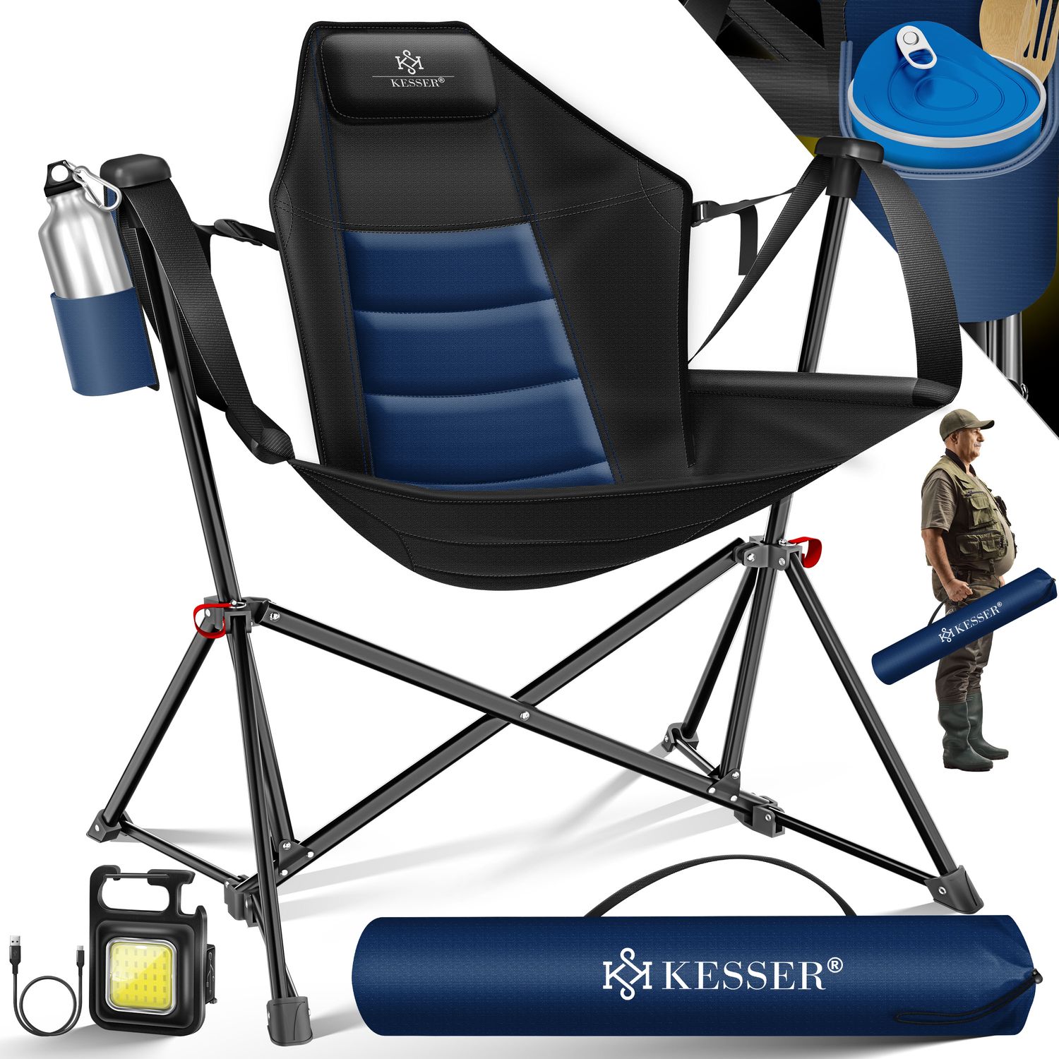 KESSER&reg; Campingstuhl faltbar Schaukelstuhl bis 160 kg | Angelstuhl Faltstuhl Klappstuhl Gepolstert | Campinglicht und Getr&auml;nkehalter + Tasche mit hoher R&uuml;ckenlehne | Strandstuhl mit Wippfunktion - Bild 1