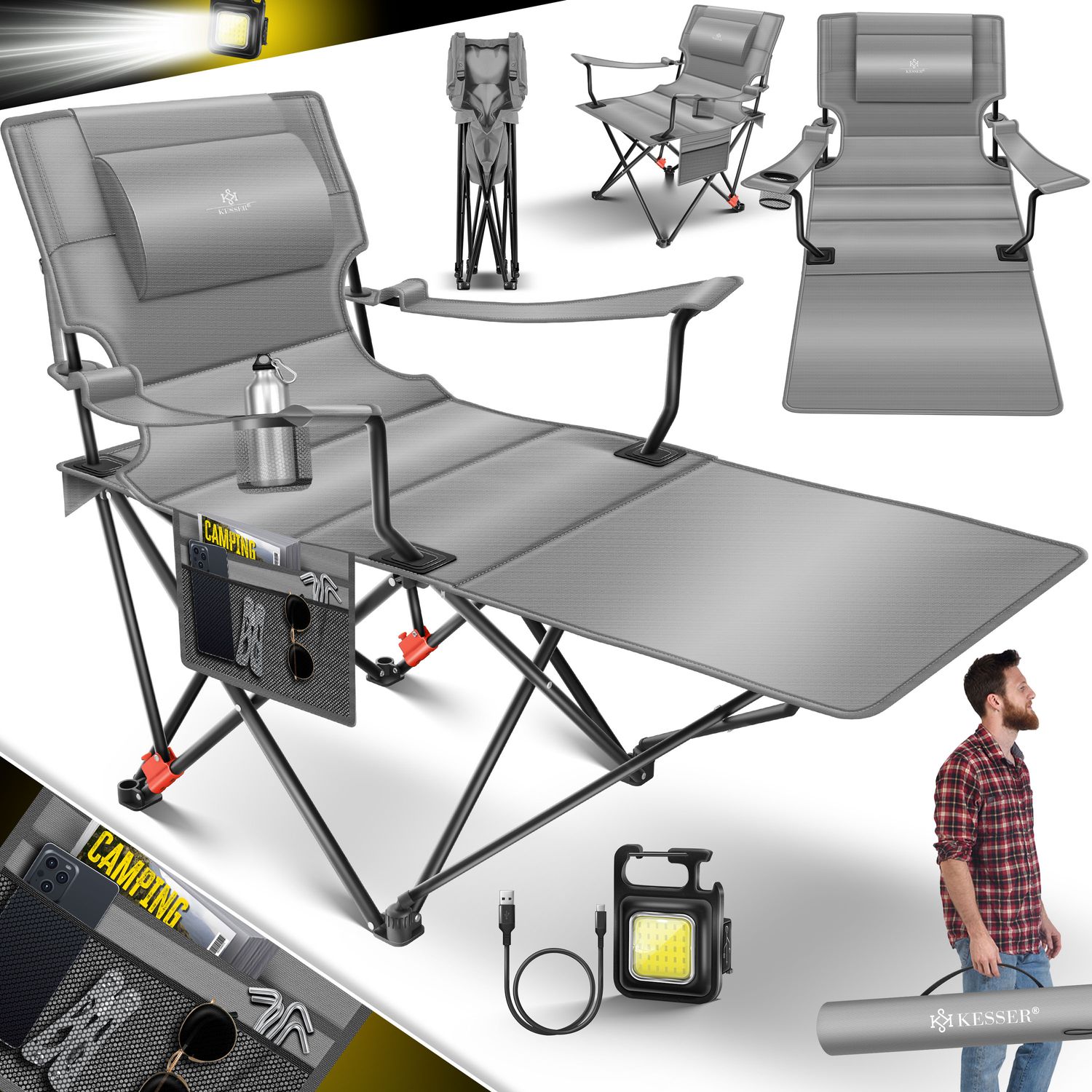 KESSER&reg; Campingliege Campingstuhl 2in1 bis 160kg | Feldbett klappbar | Campingbett faltbar extra breit | Campinglicht & Getr&auml;nkehalter + Aufbewahrungstasche & Transporttasche | Angelliege verstellbar - Bild 1