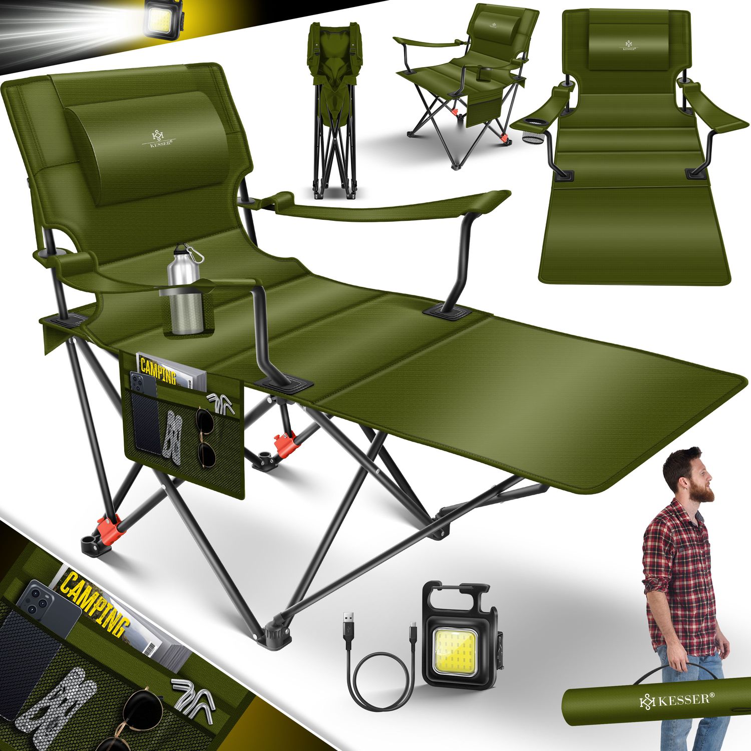 KESSER&reg; Campingliege Campingstuhl 2in1 bis 160kg | Feldbett klappbar | Campingbett faltbar extra breit | Campinglicht & Getr&auml;nkehalter + Aufbewahrungstasche & Transporttasche | Angelliege verstellbar - Bild 1