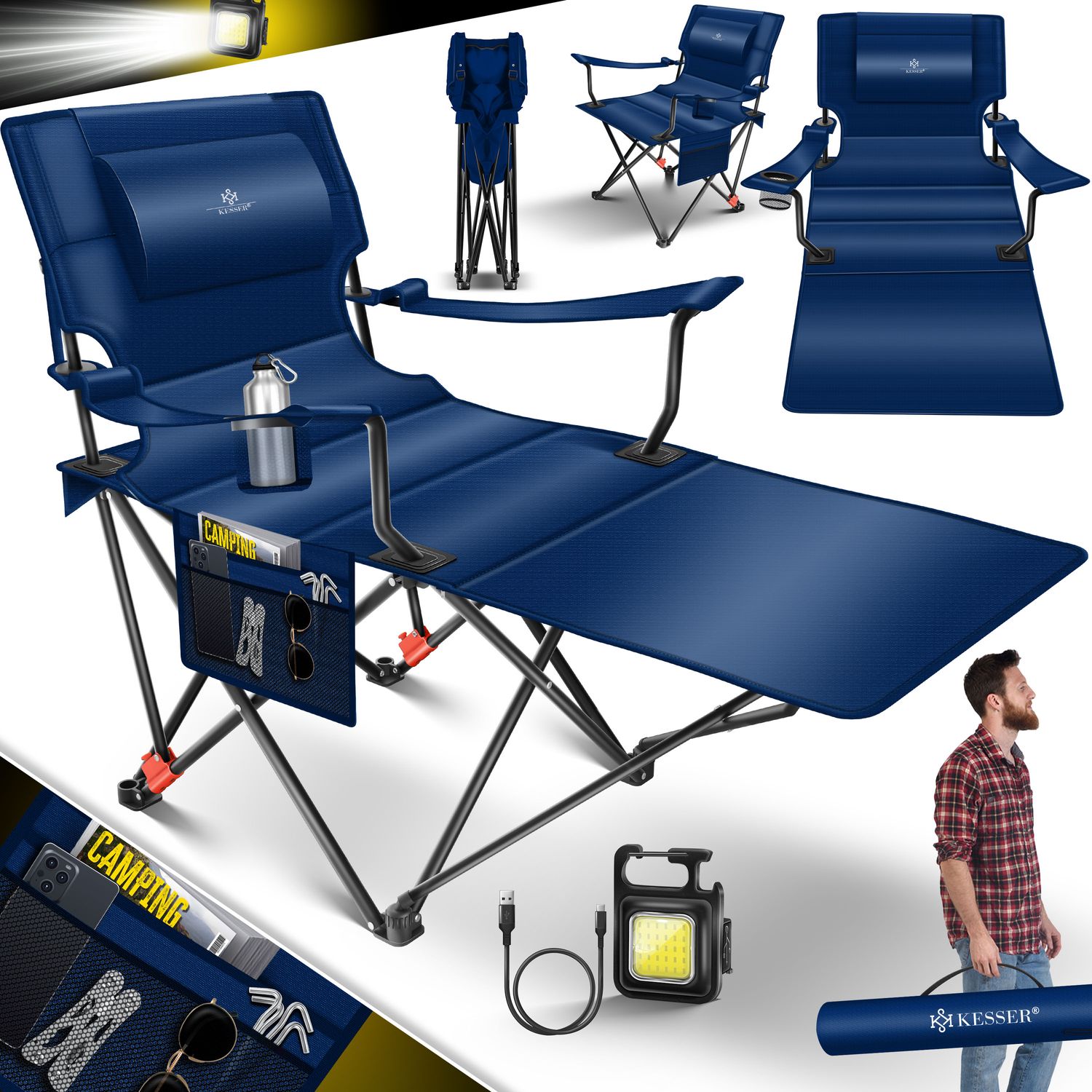 KESSER&reg; Campingliege Campingstuhl 2in1 bis 160kg | Feldbett klappbar | Campingbett faltbar extra breit | Campinglicht & Getr&auml;nkehalter + Aufbewahrungstasche & Transporttasche | Angelliege verstellbar - Bild 1