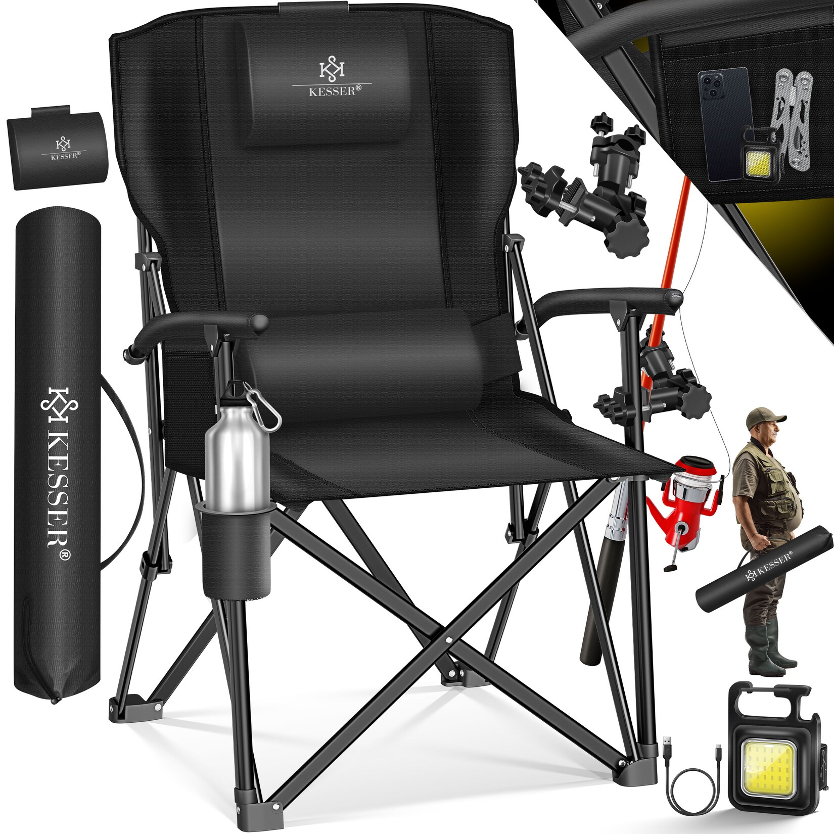 KESSER® Campingstuhl faltbar bis 160 kg Angelstuhl Faltstuhl Klappstuhl Gepolstert mit Armlehnen Campinglicht und Getränkehalter + Tasche mit hoher Rückenlehne Strandstuhl mit Angelhalterung
