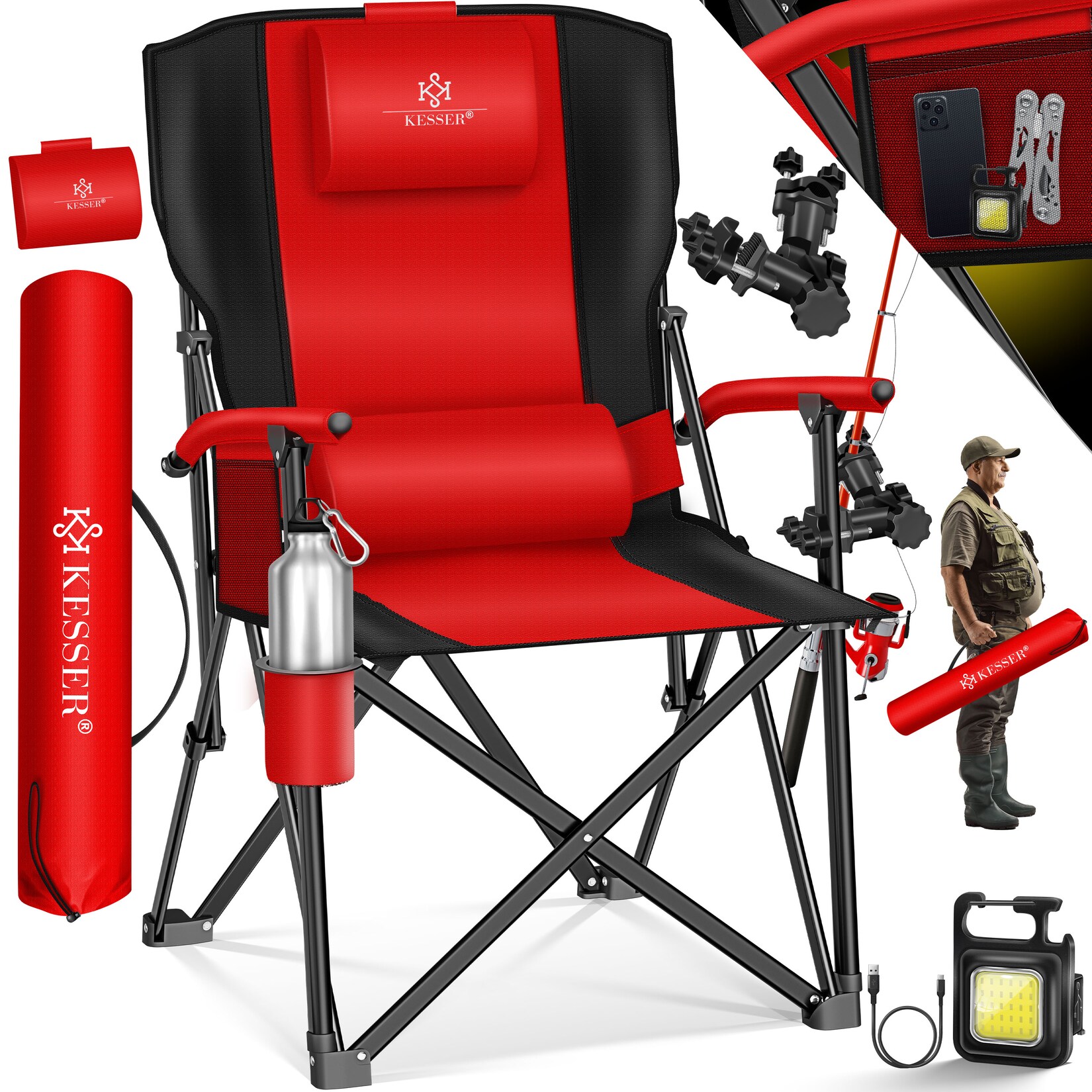 KESSER® Campingstuhl faltbar bis 160 kg Angelstuhl Faltstuhl Klappstuhl Gepolstert mit Armlehnen Campinglicht und Getränkehalter + Tasche mit hoher Rückenlehne Strandstuhl mit Angelhalterung