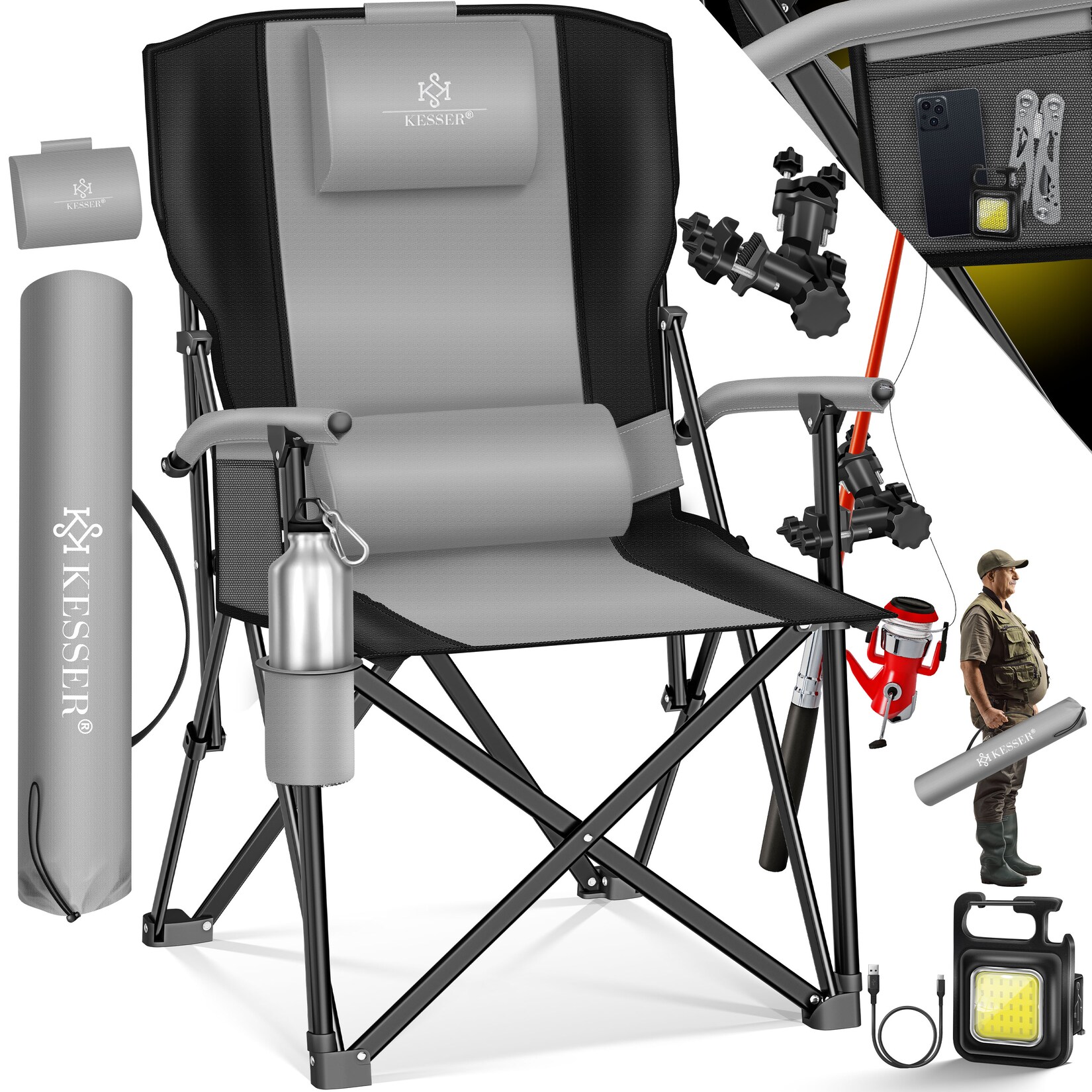 KESSER® Campingstuhl faltbar bis 160 kg Angelstuhl Faltstuhl Klappstuhl Gepolstert mit Armlehnen Campinglicht und Getränkehalter + Tasche mit hoher Rückenlehne Strandstuhl mit Angelhalterung