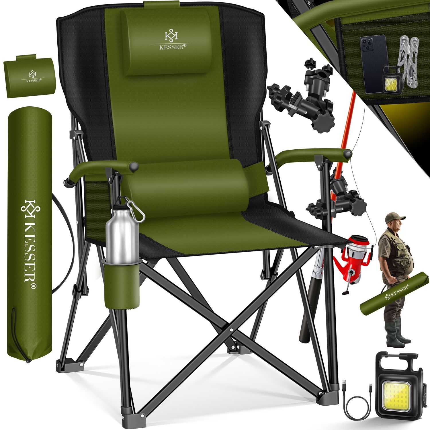 KESSER&reg; Campingstuhl faltbar bis 160 kg | Angelstuhl Faltstuhl Klappstuhl Gepolstert mit Armlehnen | Campinglicht und Getr&auml;nkehalter + Tasche mit hoher R&uuml;ckenlehne | Strandstuhl mit Angelhalterung - Bild 1