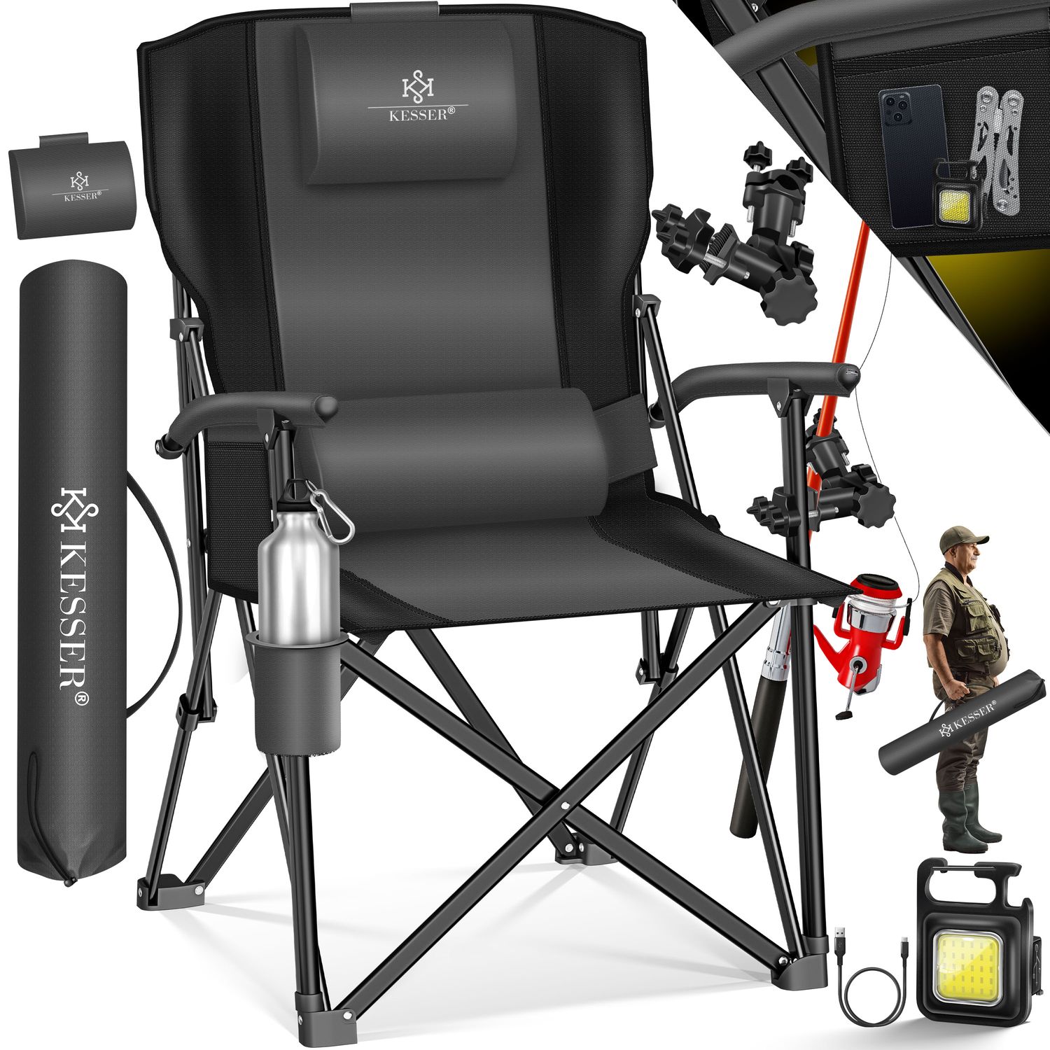 KESSER&reg; Campingstuhl faltbar bis 160 kg | Angelstuhl Faltstuhl Klappstuhl Gepolstert mit Armlehnen | Campinglicht und Getr&auml;nkehalter + Tasche mit hoher R&uuml;ckenlehne | Strandstuhl mit Angelhalterung - Bild 1