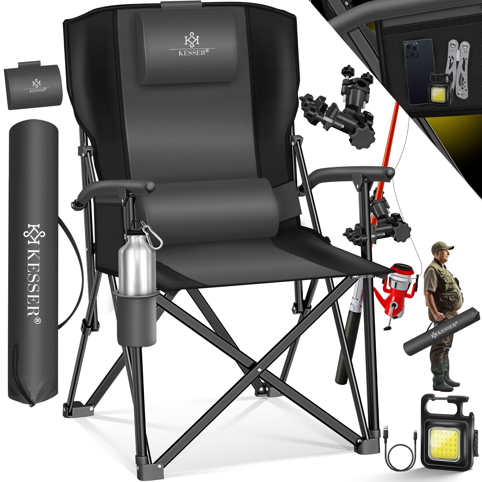 KESSER® Campingstuhl faltbar bis 160 kg Angelstuhl Faltstuhl Klappstuhl Gepolstert mit Armlehnen Campinglicht und Getränkehalter + Tasche mit hoher Rückenlehne Strandstuhl mit Angelhalterung