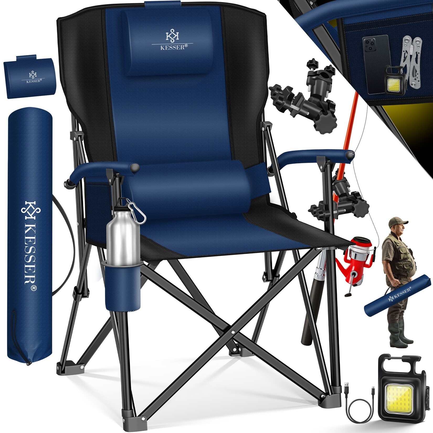 KESSER® Campingstuhl faltbar bis 160 kg Angelstuhl Faltstuhl Klappstuhl Gepolstert mit Armlehnen Campinglicht und Getränkehalter + Tasche mit hoher Rückenlehne Strandstuhl mit Angelhalterung