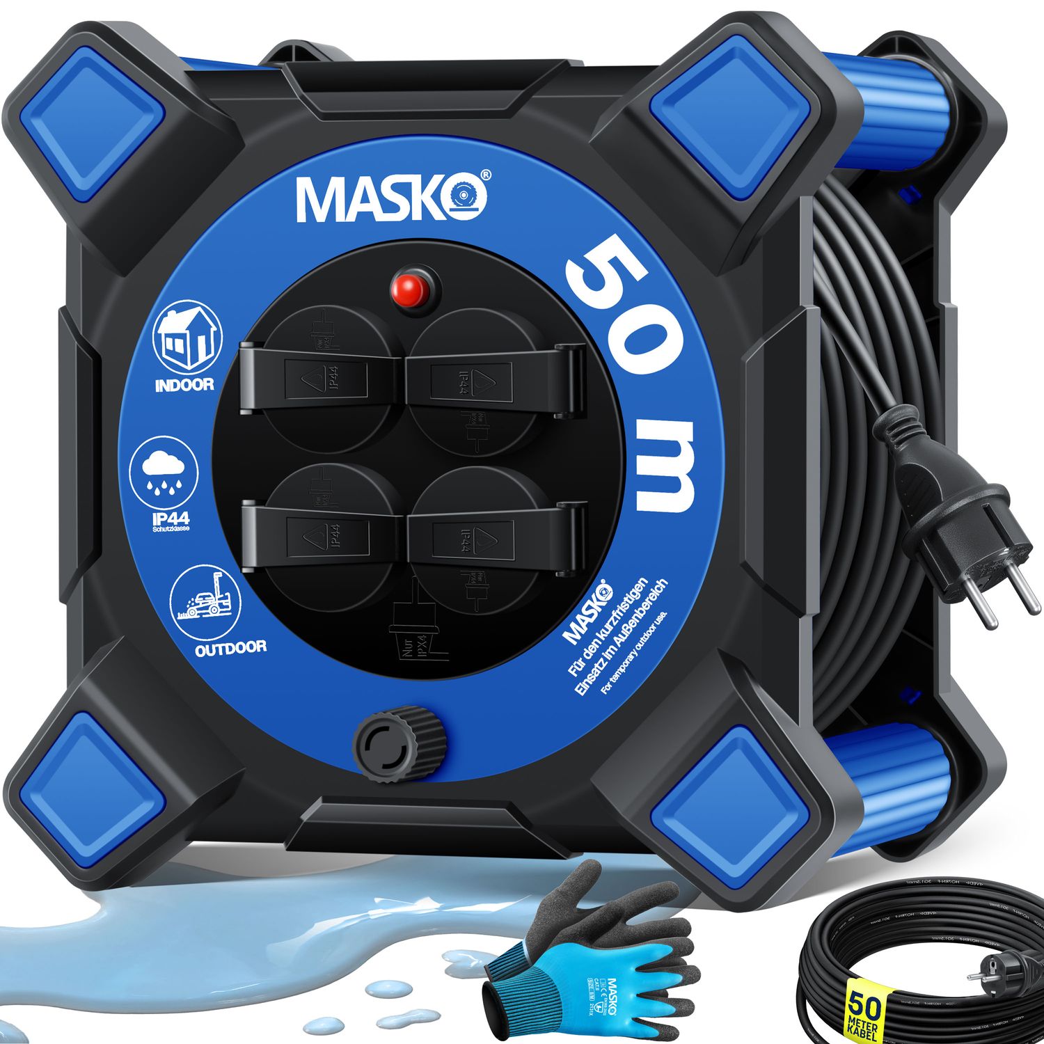 MASKO&reg; Kabeltrommel Verl&auml;ngerungskabel mit Schutzkontaktsteckdosen & Wickelgriff | Outdoor Kabelaufroller Thermoschutz | Ger&auml;tetrommel IP44 1000W ~ 3000W | inkl. Tragegriff und Montagehandschuhe - Bild 1