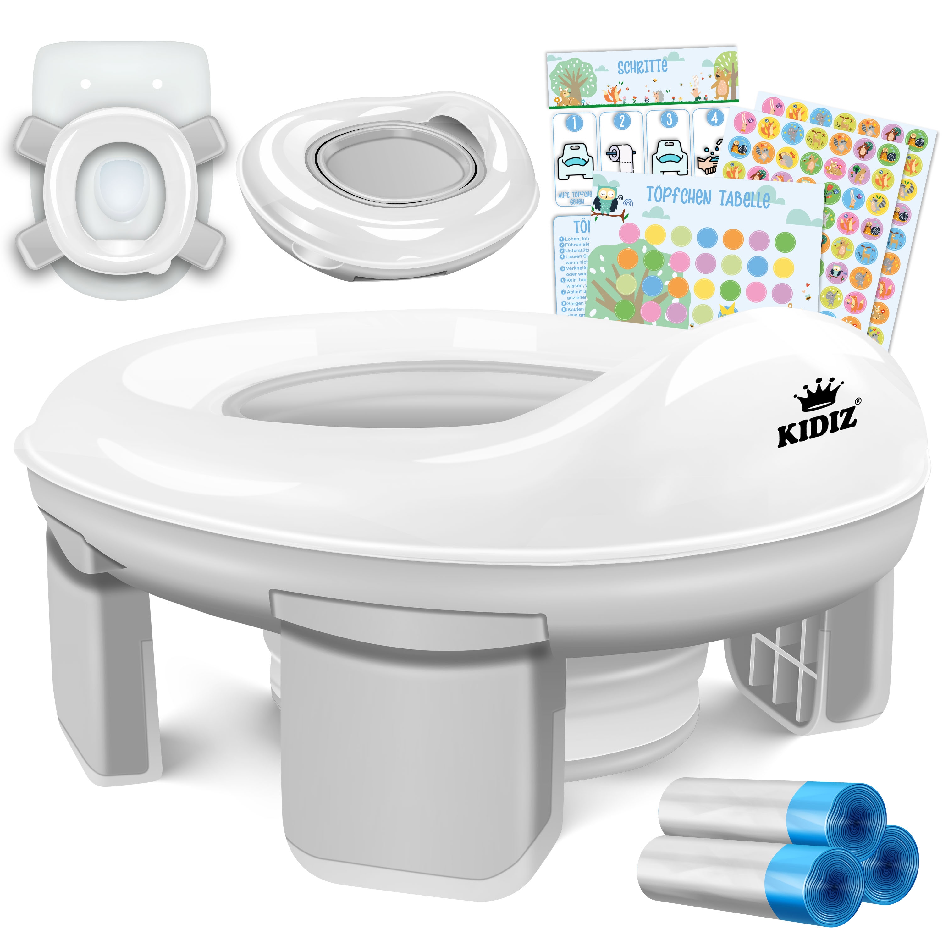 KIDIZ&reg; T&ouml;pfchen f&uuml;r Kinder Toilettensitz T&ouml;pfchentrainer WC Sitz |  Lernt&ouml;pfchen bequemem, PP-Material mit M&uuml;llbeutel | Kindert&ouml;pfchen f&uuml;r Unterwegs & Belohnungssystem mit Stickern 3 in 1 L&ouml;sung - Bild 1