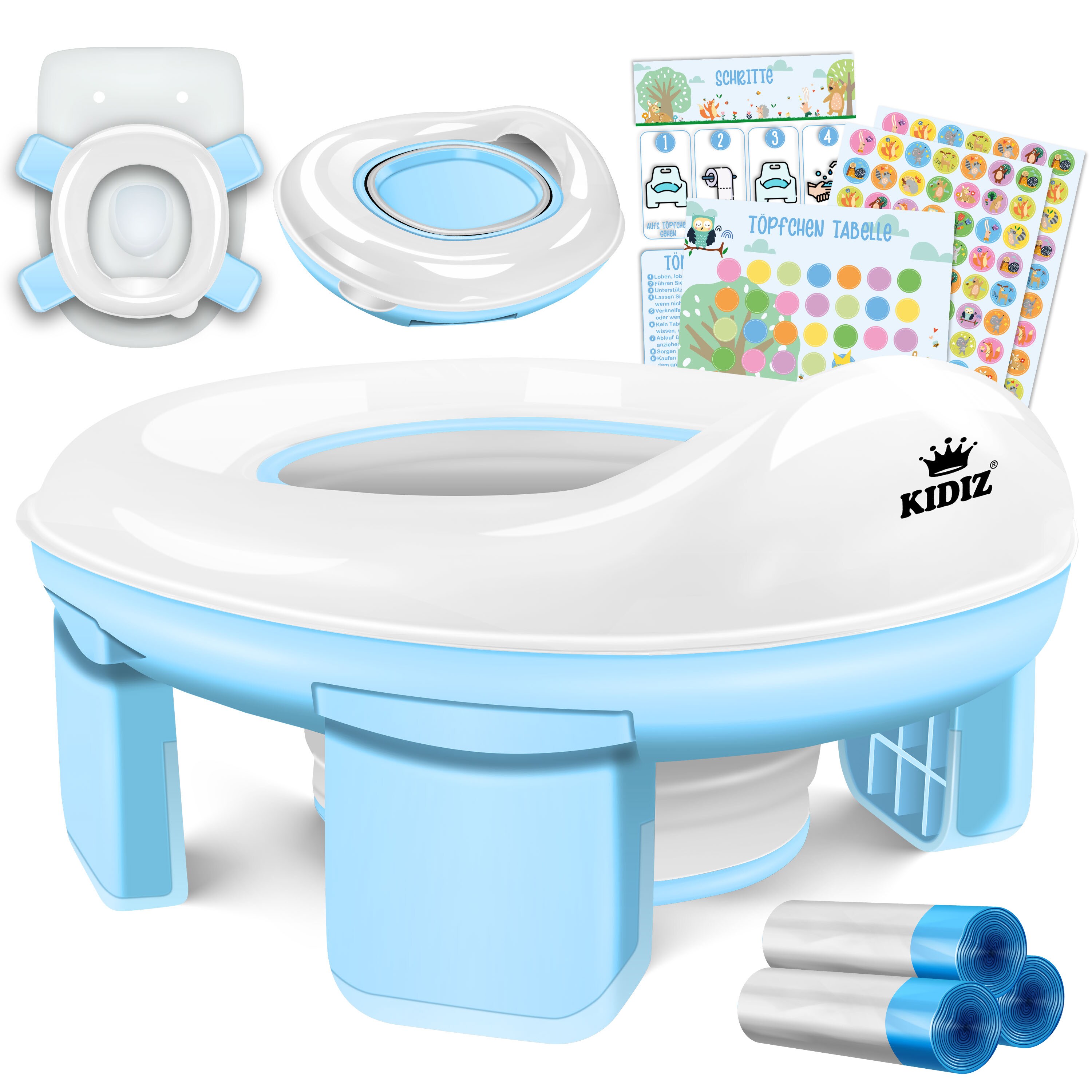 KIDIZ&reg; T&ouml;pfchen f&uuml;r Kinder Toilettensitz T&ouml;pfchentrainer WC Sitz |  Lernt&ouml;pfchen bequemem, PP-Material mit M&uuml;llbeutel | Kindert&ouml;pfchen f&uuml;r Unterwegs & Belohnungssystem mit Stickern 3 in 1 L&ouml;sung - Bild 1