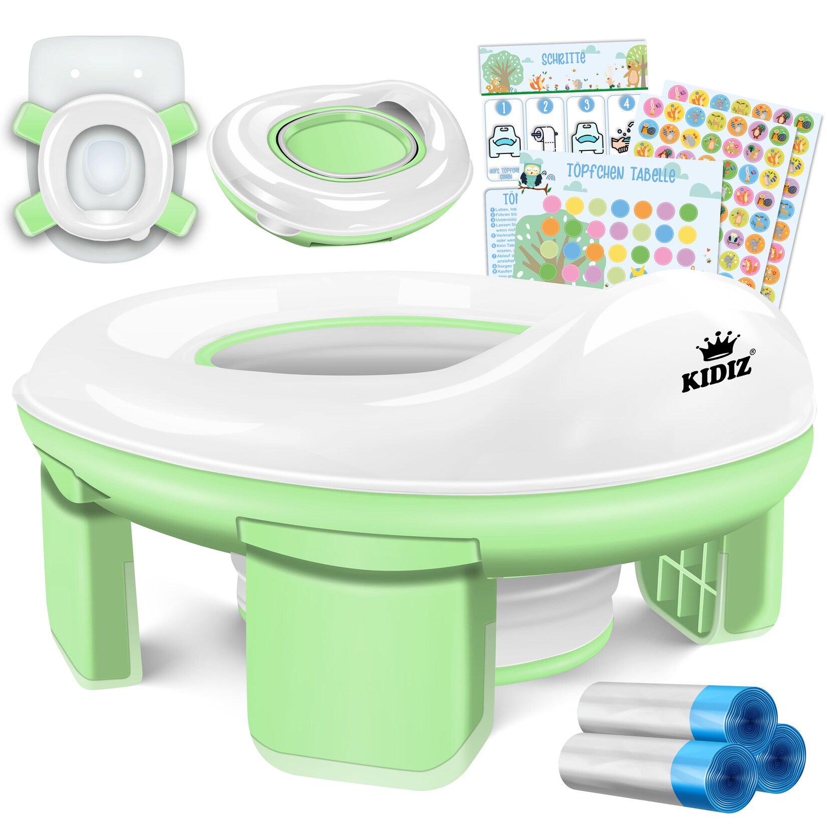 KIDIZ® Töpfchen für Kinder Toilettensitz Töpfchentrainer WC Sitz    Lerntöpfchen bequemem, PP-Material mit Müllbeutel   Kindertöpfchen für Unterwegs & Belohnungssystem mit Stickern 3 in 1 Lösung | 04255598351102
