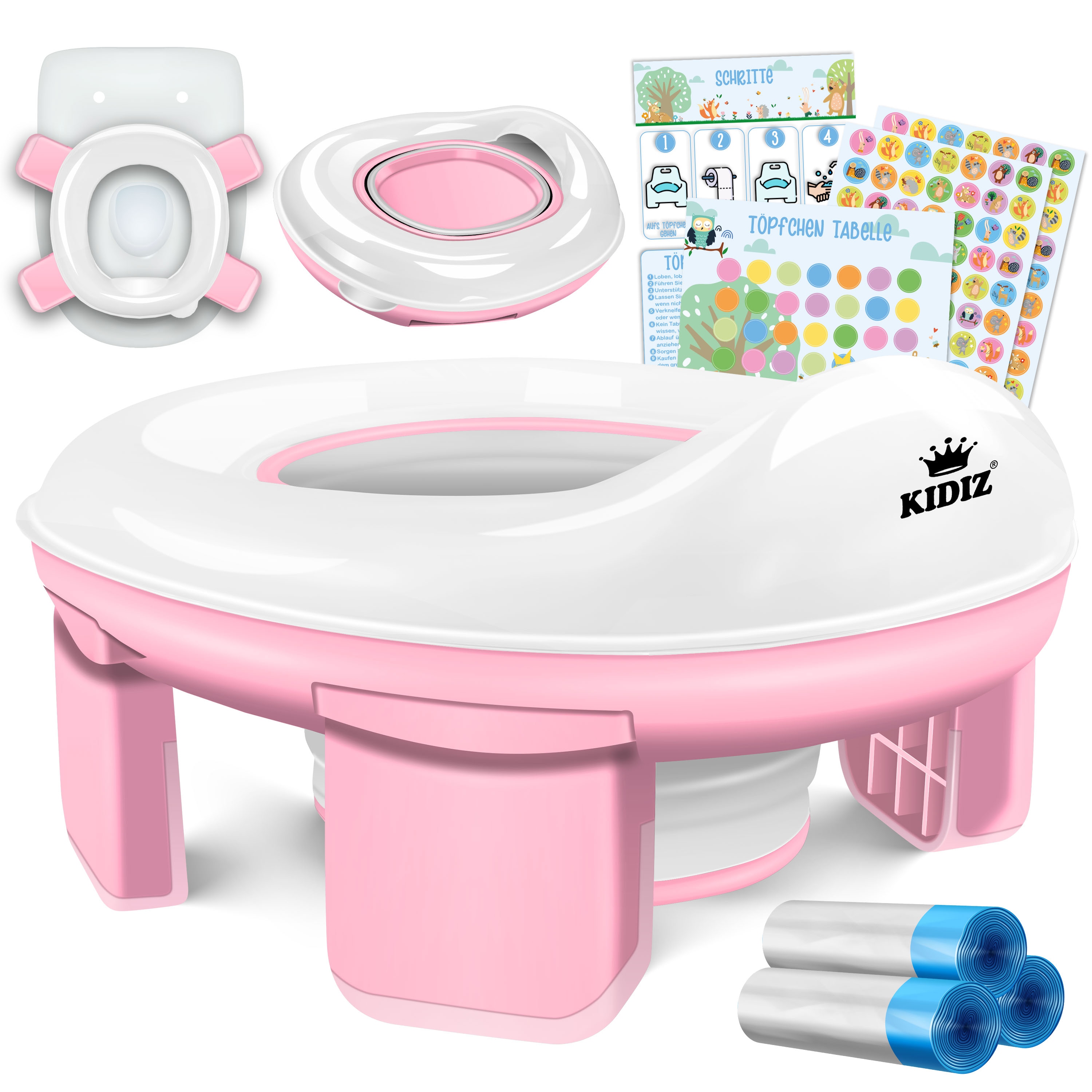 KIDIZ&reg; T&ouml;pfchen f&uuml;r Kinder Toilettensitz T&ouml;pfchentrainer WC Sitz |  Lernt&ouml;pfchen bequemem, PP-Material mit M&uuml;llbeutel | Kindert&ouml;pfchen f&uuml;r Unterwegs & Belohnungssystem mit Stickern 3 in 1 L&ouml;sung - Bild 1