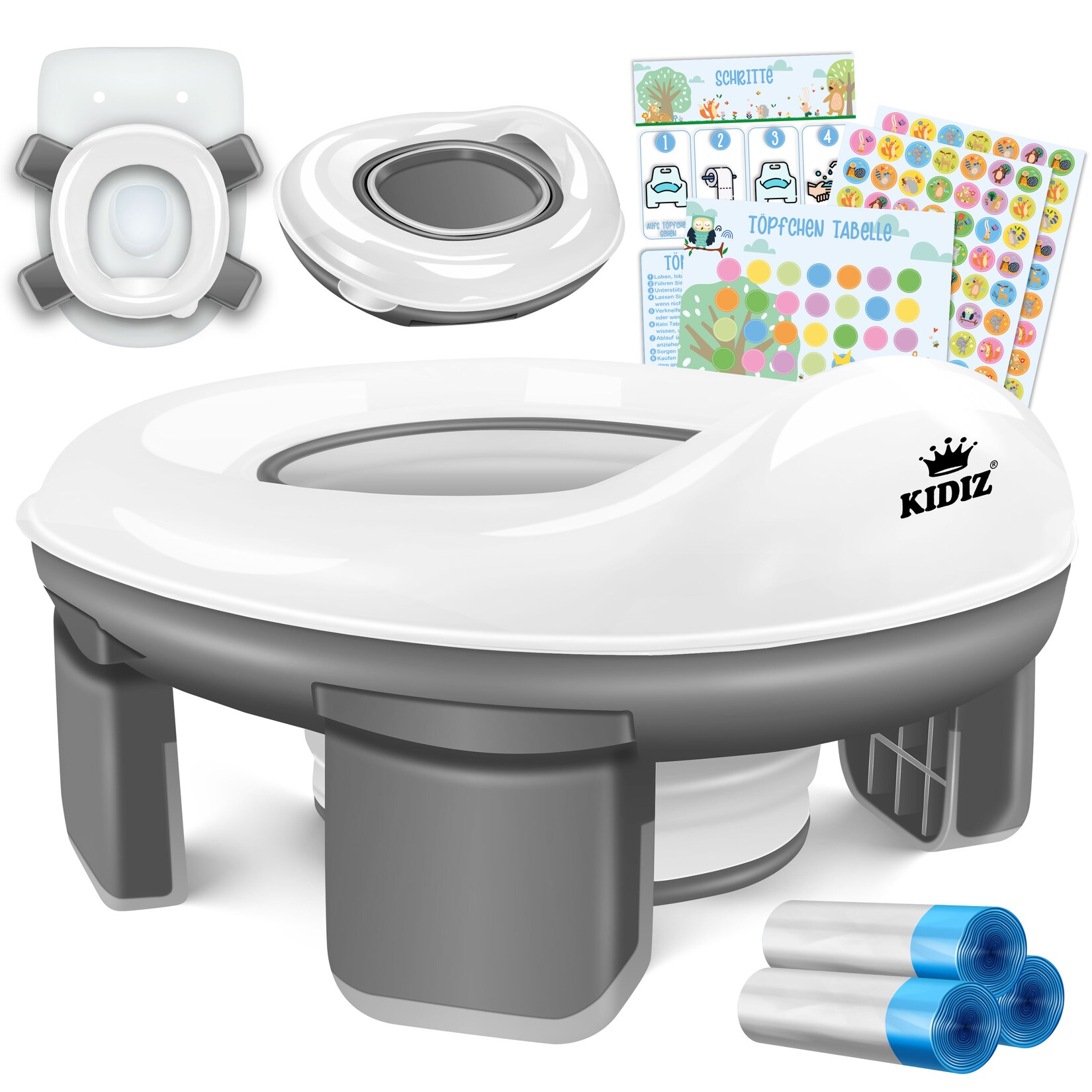 KIDIZ® Töpfchen für Kinder Toilettensitz Töpfchentrainer WC Sitz    Lerntöpfchen bequemem, PP-Material mit Müllbeutel   Kindertöpfchen für Unterwegs & Belohnungssystem mit Stickern 3 in 1 Lösung | 04255598351072