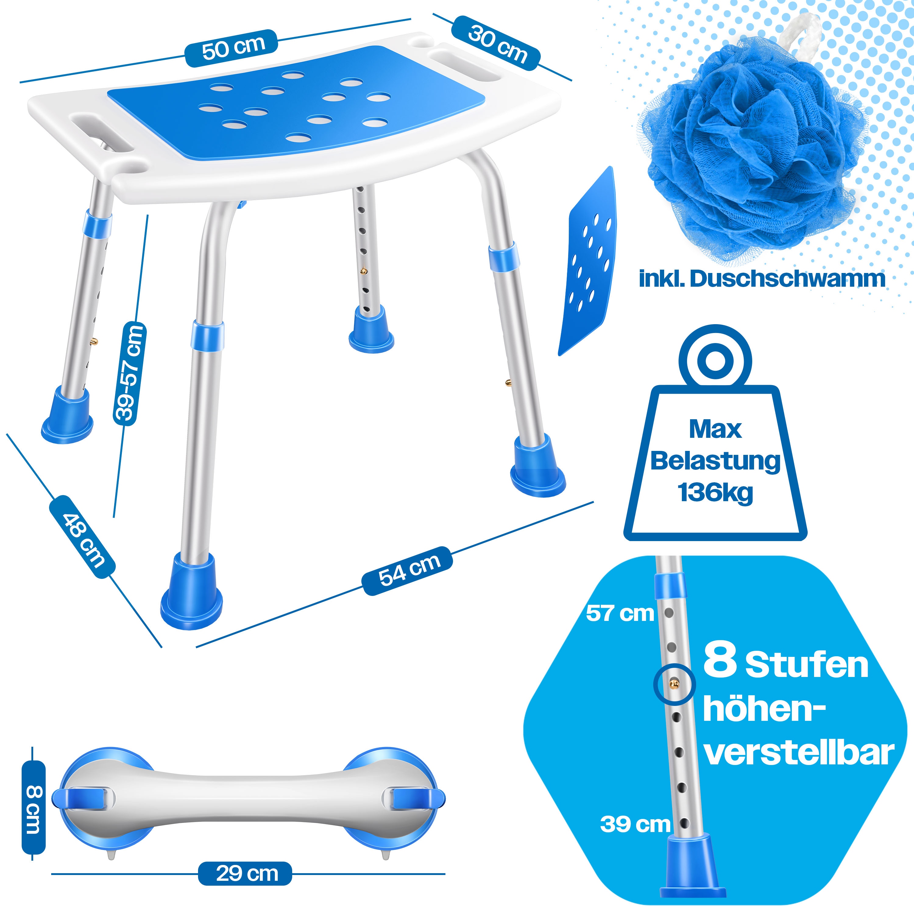 KESSER&reg; Duschhocker h&ouml;henverstellbar | Leichter Badhocker rutschfeste Gummif&uuml;&szlig;e Duschstuhl 136KG belastbar | Duschhilfe Senioren | Saugnapf Haltegriff Badewannengriff | Duschsitz mit Brausehalterung - Bild 1