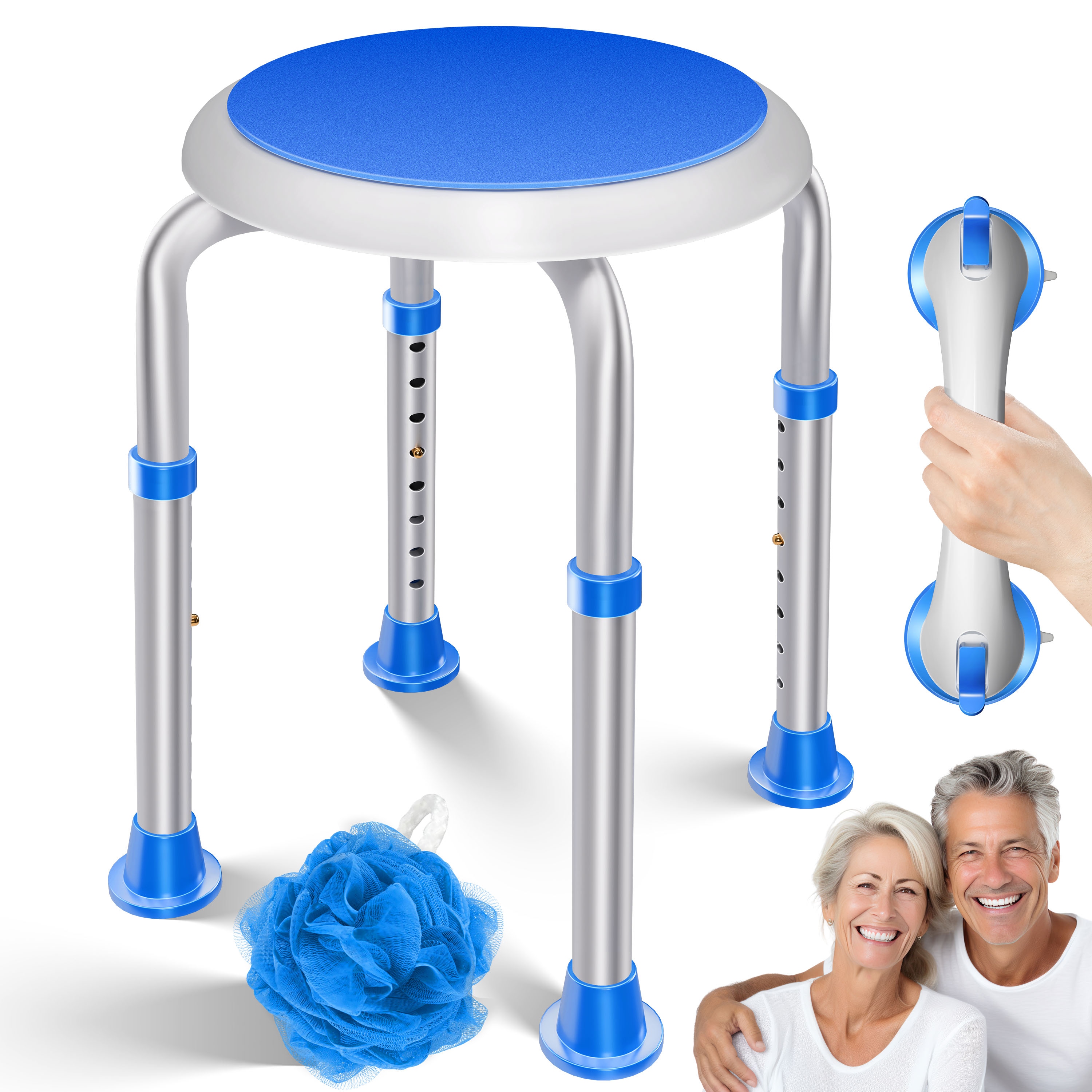 KESSER&reg; Duschhocker h&ouml;henverstellbar 8 Stufen | Leichter Badhocker rutschfeste Gummif&uuml;&szlig;e Duschstuhl 136KG belastbar | Duschhilfe Senioren | Saugnapf Haltegriff Badewannengriff | Duschsitz 360&deg; drehbar - Bild 1