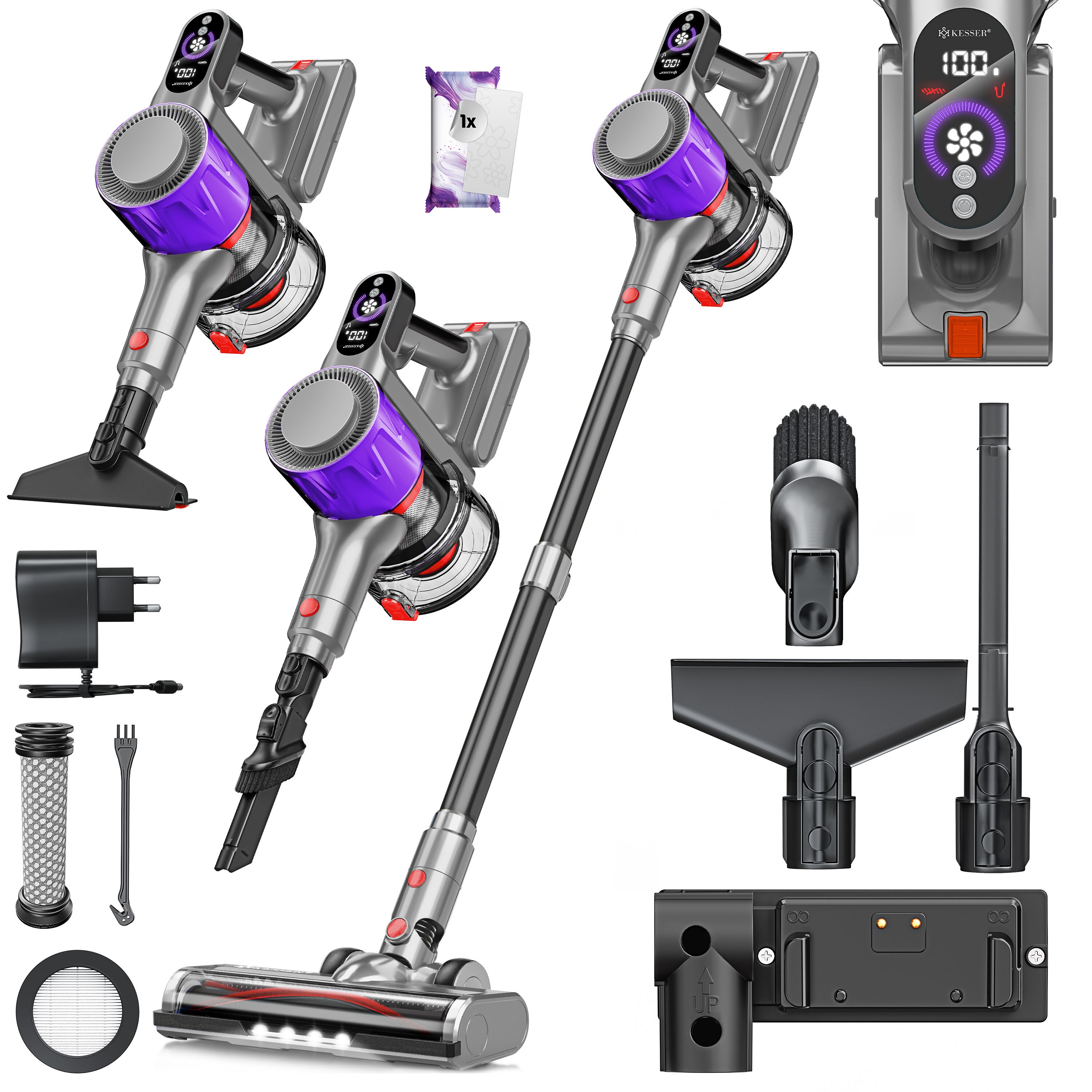 KESSER&reg; Akku Staubsauger kabellos bis 60 Min. Laufzeit & Leise | Akku Staubsauger mit LED Display Stabstaubsauger beutellos mit Anti-Tangle-Bodenb&uuml;rste f&uuml;r Hartb&ouml;den Teppich Tierhaare - Bild 1