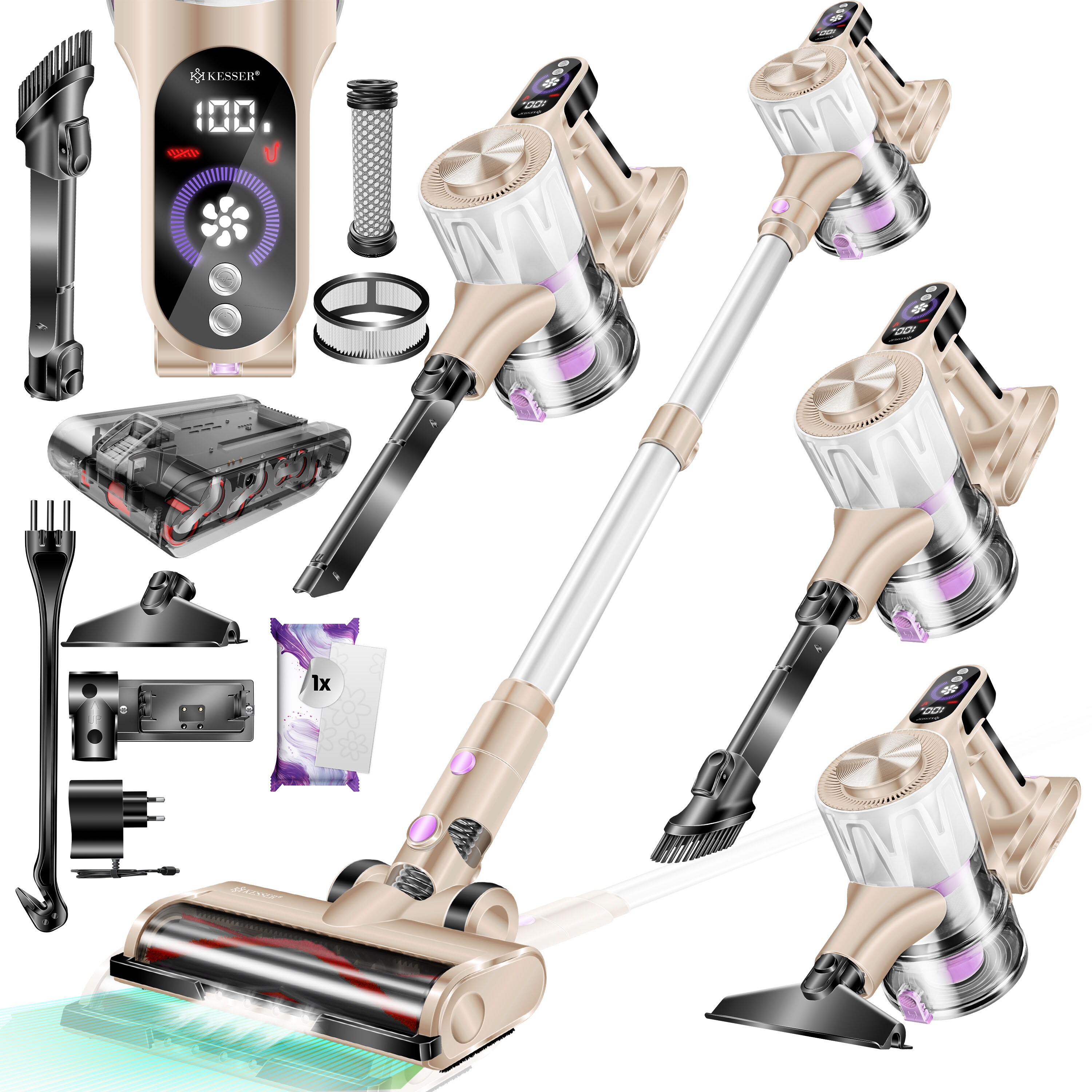 KESSER&reg; Akku Staubsauger kabellos bis 60 Min. Laufzeit & Leise | Akku Staubsauger mit LED Display Stabstaubsauger beutellos mit Anti-Tangle-Bodenb&uuml;rste f&uuml;r Hartb&ouml;den Teppich Tierhaare - Bild 1