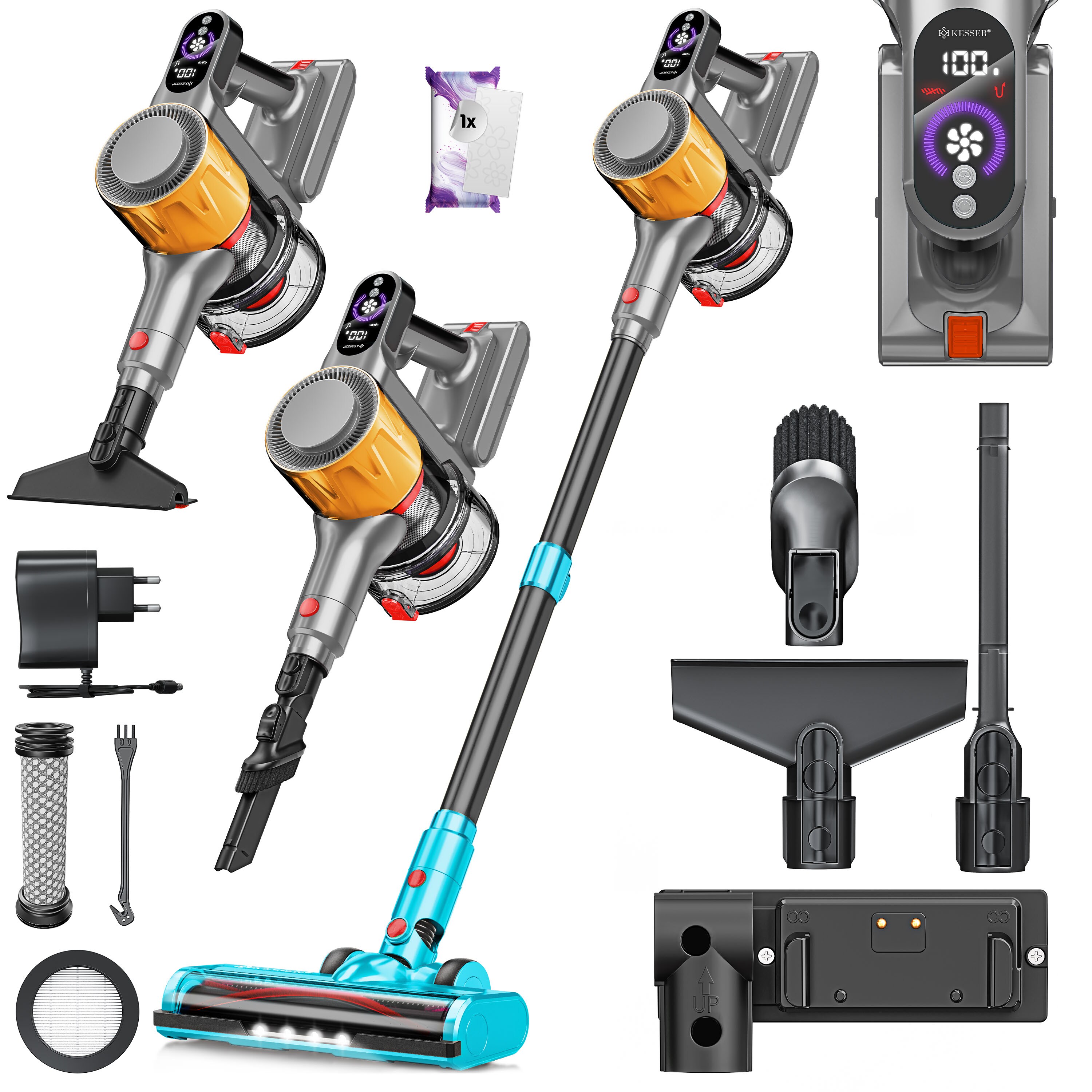 KESSER&reg; Akku Staubsauger kabellos bis 60 Min. Laufzeit & Leise | Akku Staubsauger mit LED Display Stabstaubsauger beutellos mit Anti-Tangle-Bodenb&uuml;rste f&uuml;r Hartb&ouml;den Teppich Tierhaare - Bild 1