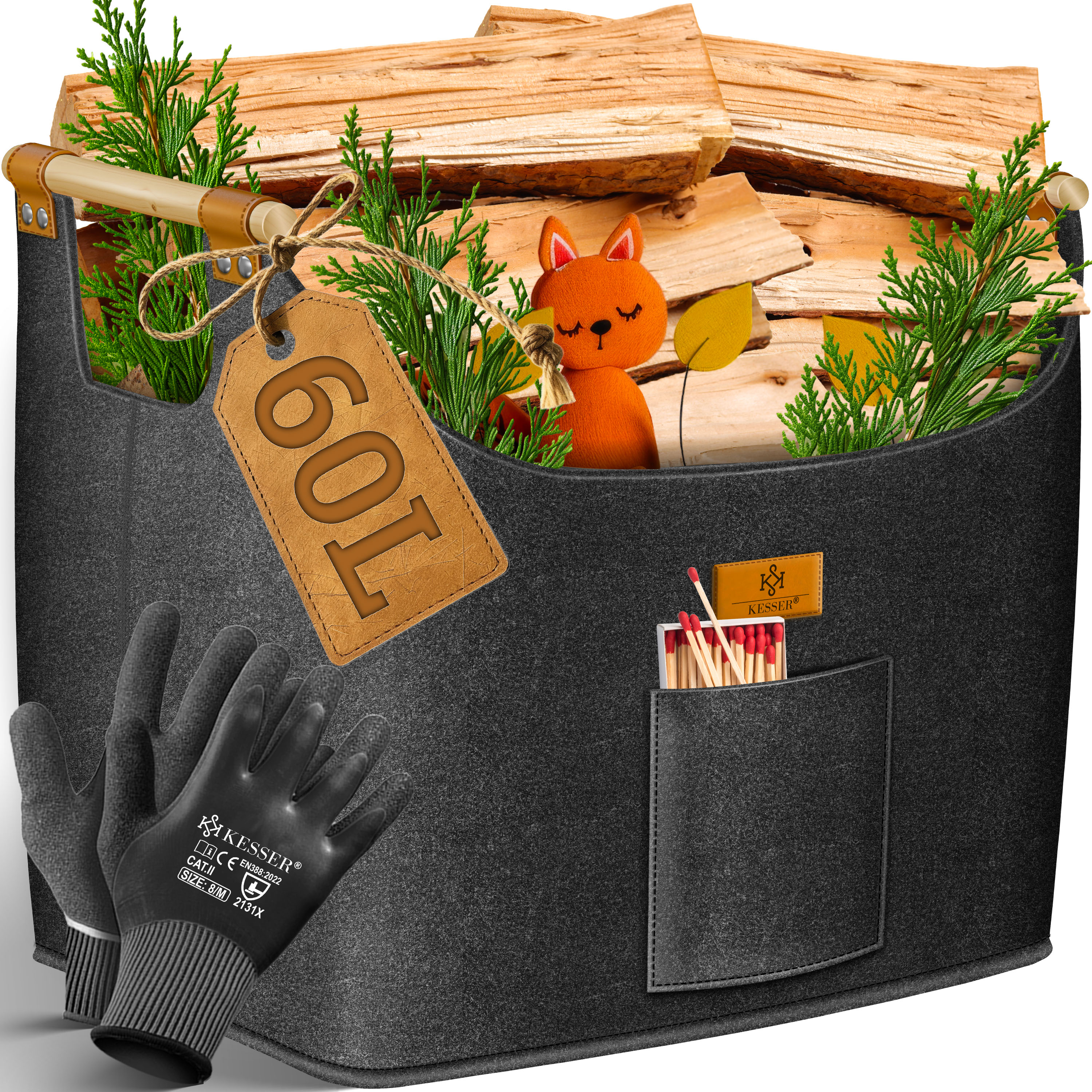 KESSER&reg; Brennholzkorb | Kaminholztasche extra dicker Filz | Feuerholzkorb faltbar mit verst&auml;rkten Holzgriffen | Aufbewahrungskorb f&uuml;r Holz, Zeitung oder Brennholz | Inkl. Arbeitshandschuhen - Bild 1