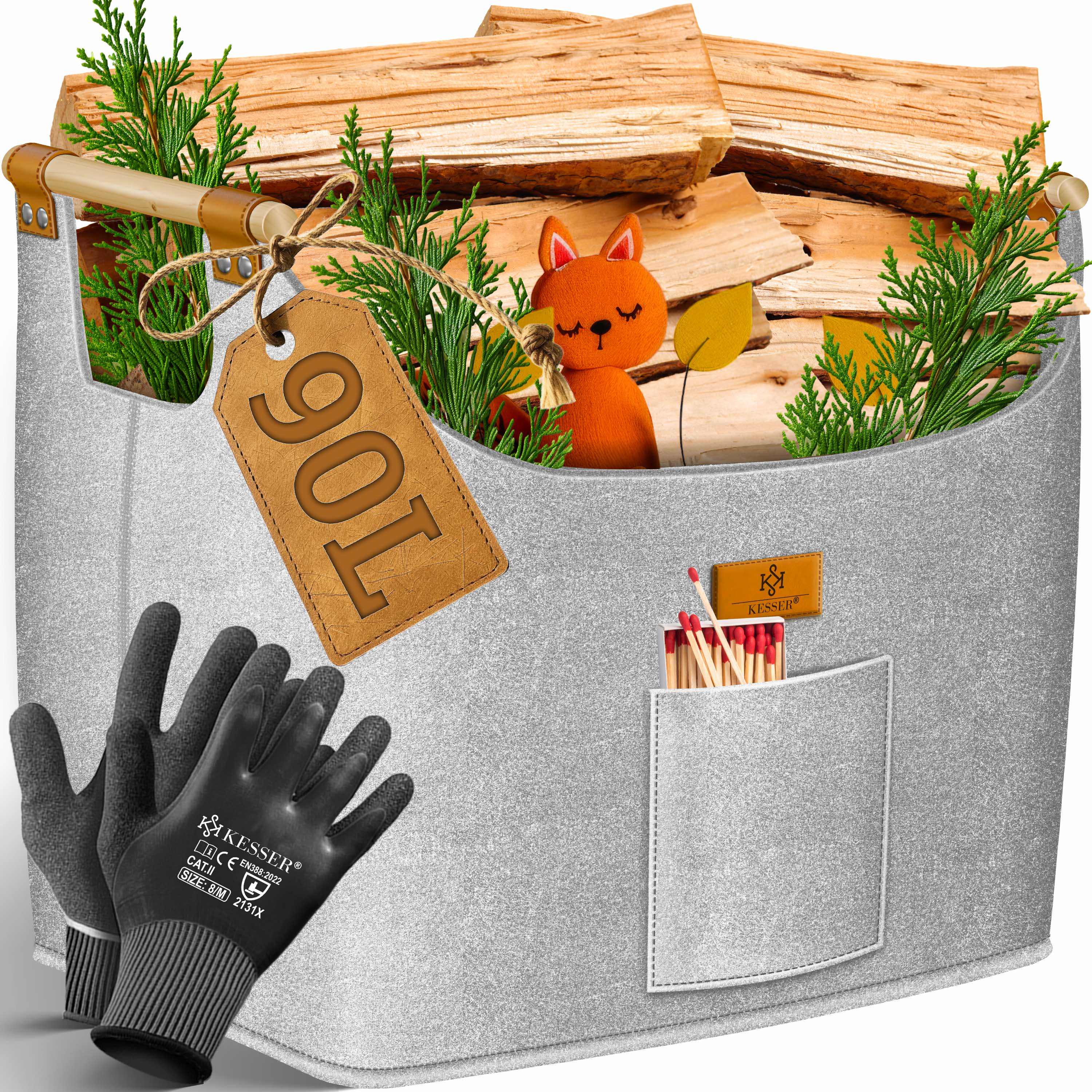 KESSER&reg; Brennholzkorb | Kaminholztasche extra dicker Filz | Feuerholzkorb faltbar mit verst&auml;rkten Holzgriffen | Aufbewahrungskorb f&uuml;r Holz, Zeitung oder Brennholz | Inkl. Arbeitshandschuhen - Bild 1