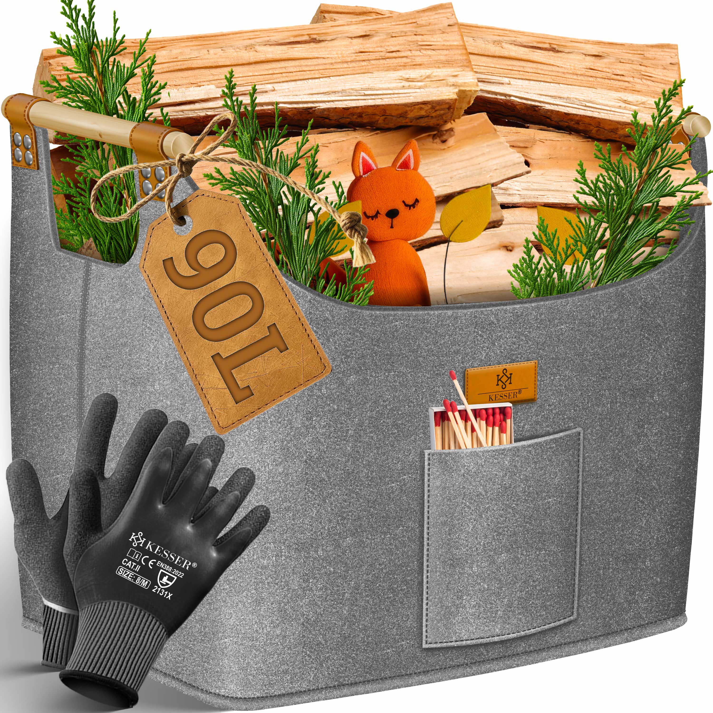 KESSER&reg; Brennholzkorb | Kaminholztasche extra dicker Filz | Feuerholzkorb faltbar mit verst&auml;rkten Holzgriffen | Aufbewahrungskorb f&uuml;r Holz, Zeitung oder Brennholz | Inkl. Arbeitshandschuhen - Bild 1