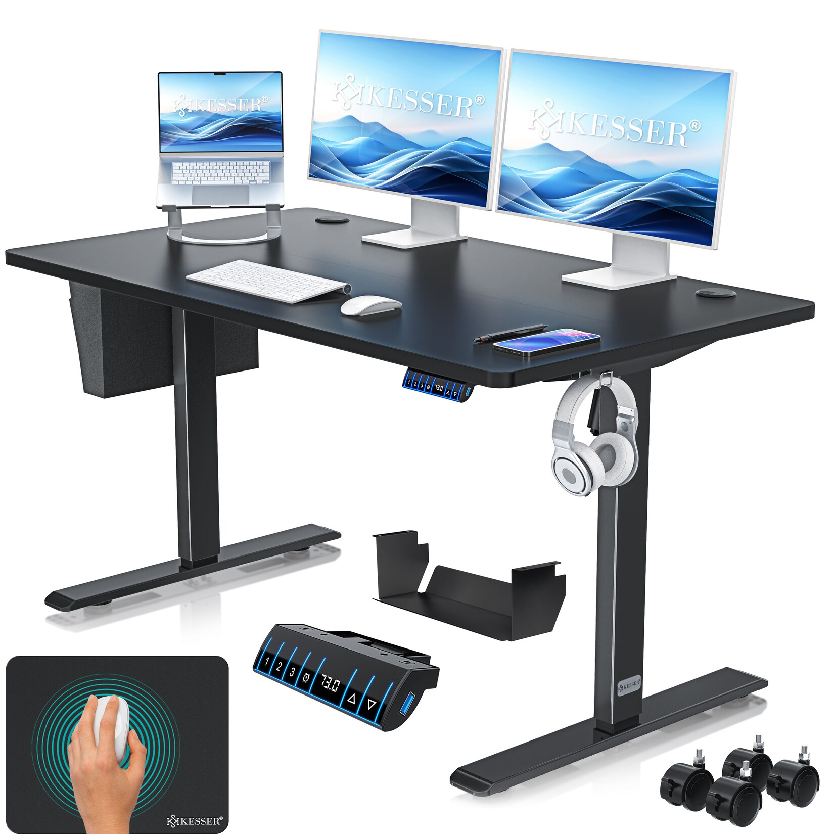 KESSER® Höhenverstellbarer Schreibtisch elektrisch   Ergonomisch Steh-Sitz Schreibtisch   3-Funktions-Memory Steuerung   Inkl. 360° Rollen & USB-Ladeanschluss   Computertisch für Homeoffice