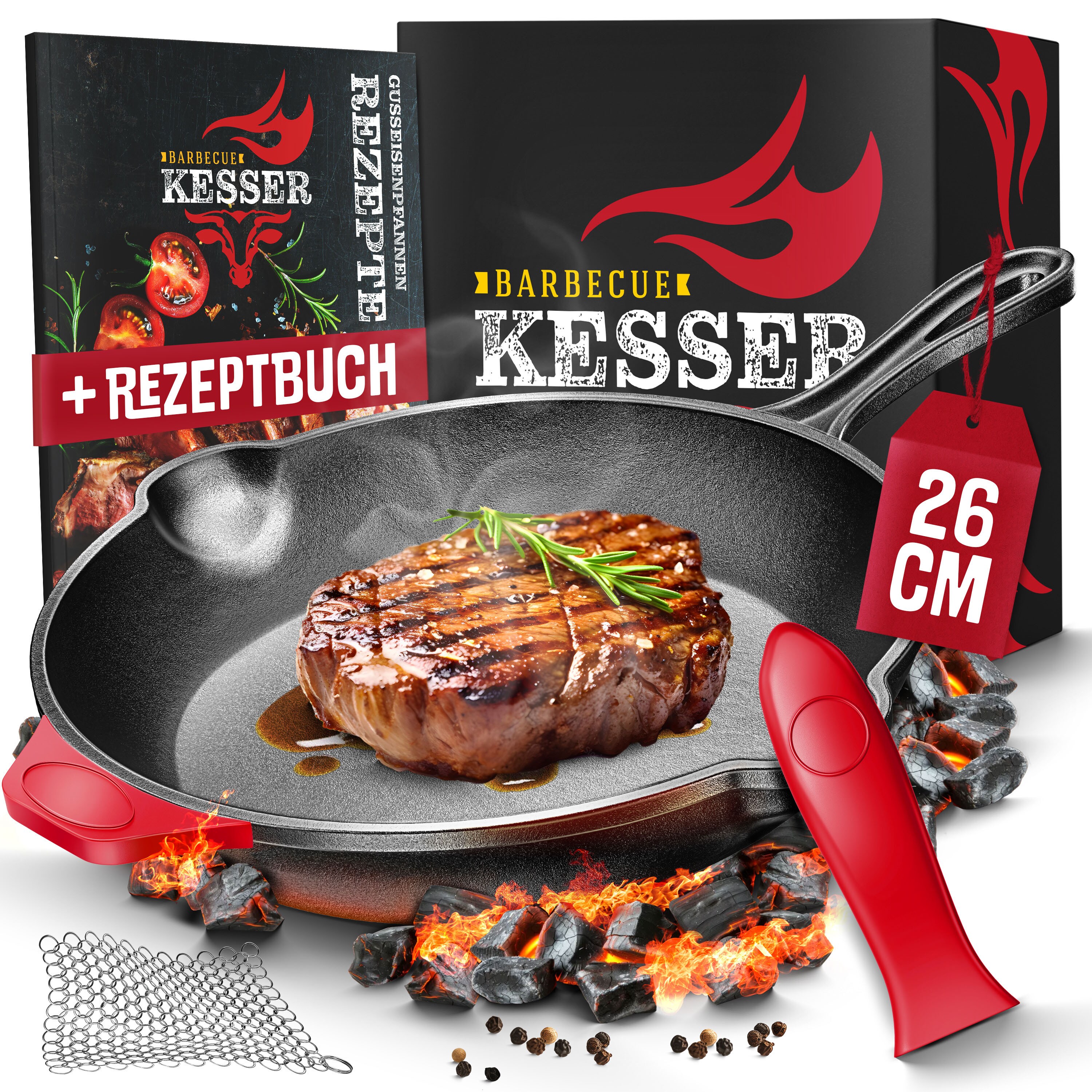 KESSER&reg; Gusseisenpfanne | Gusseisen Bratpfanne Induktion | Cast Iron Pan f&uuml;r Gasgrill, Backofen, Kohlegrill | Steakpfanne voreingebrannt | Inkl. Schutzgriffe, Rezeptbuch und Ringreiniger - Bild 1