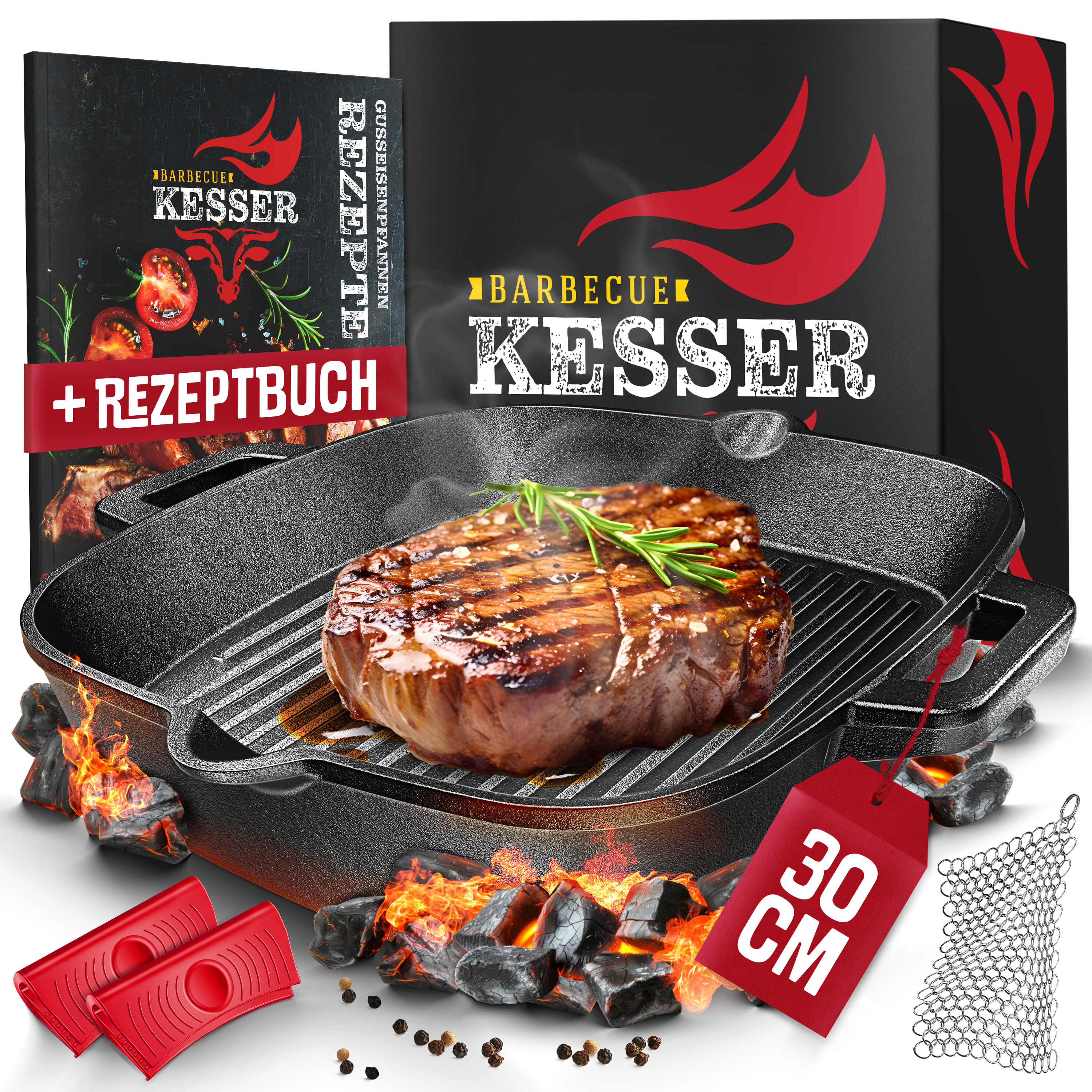 KESSER&reg; Gusseisenpfanne | Gusseisen Bratpfanne Induktion | Cast Iron Pan f&uuml;r Gasgrill, Backofen, Kohlegrill | Steakpfanne voreingebrannt | Inkl. Schutzgriffe, Rezeptbuch und Ringreiniger - Bild 1