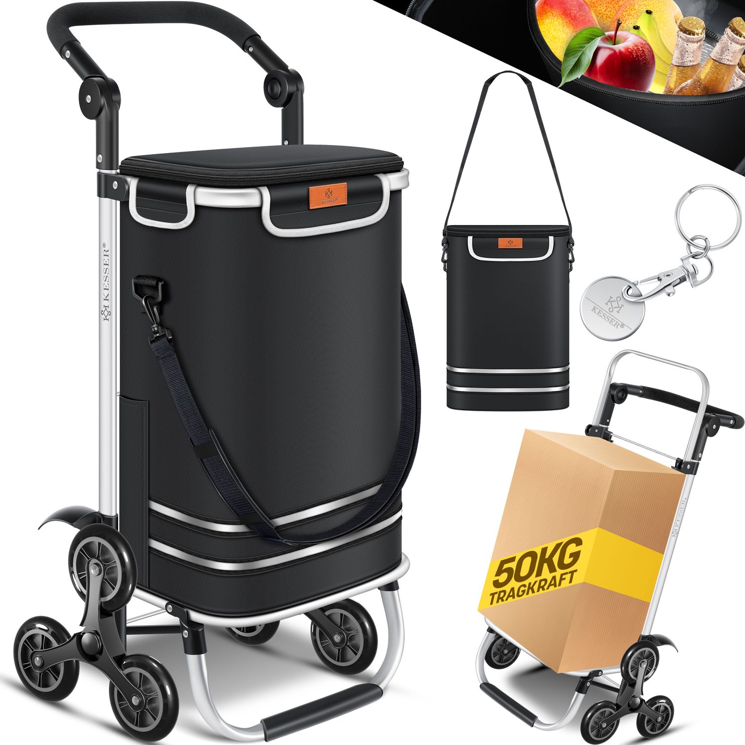 KESSER&reg; Einkaufstrolley Treppensteiger mit K&uuml;hlfach klappbar mit 56L Kapazit&auml;t und belastbar bis 50kg | 3in1 Trolley Sackkarre & Umh&auml;ngetasche | Faltbarer Einkaufswagen inkl. Einkaufschip - Bild 1
