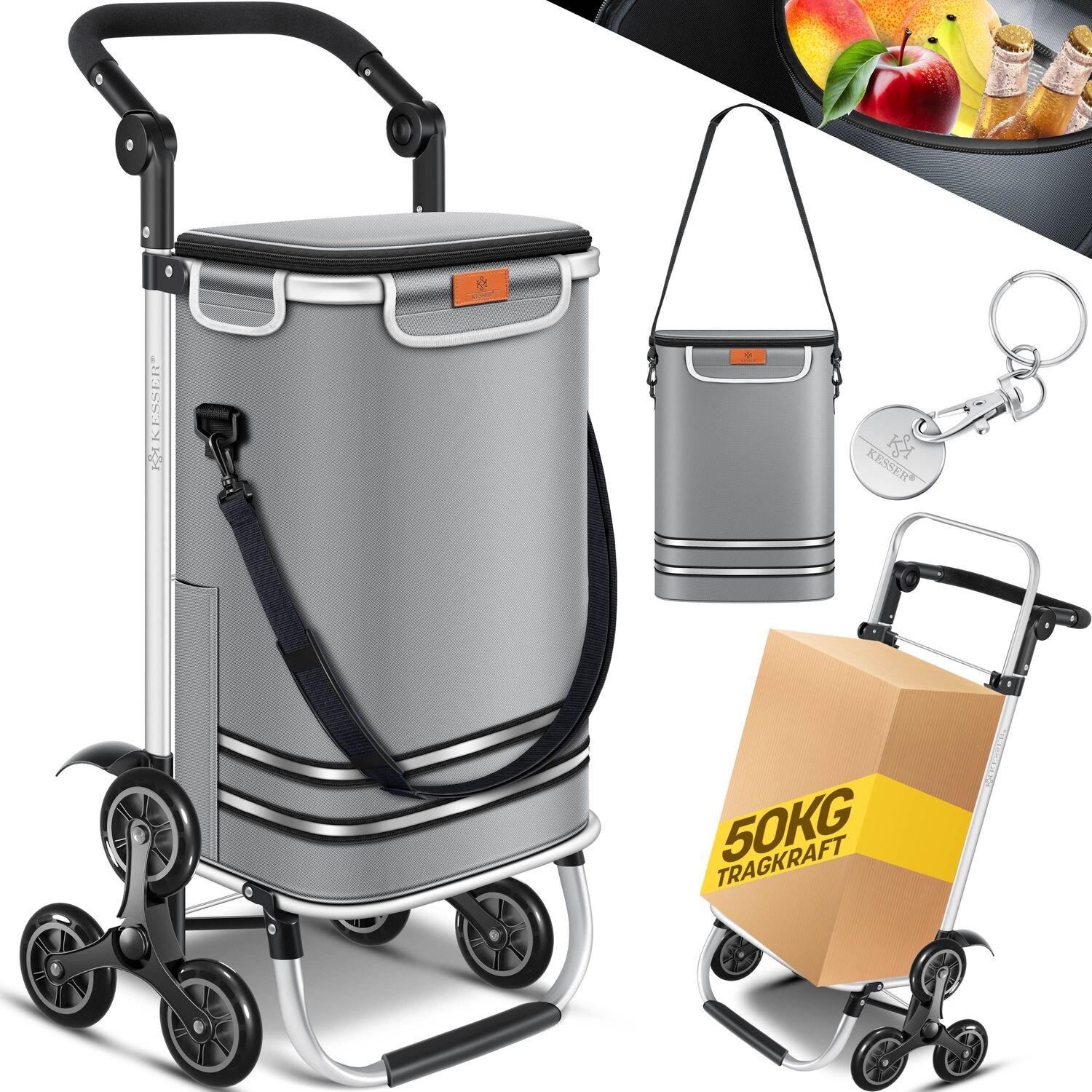 KESSER® Einkaufstrolley Treppensteiger mit Kühlfach klappbar mit 56L Kapazität und belastbar bis 50kg   3in1 Trolley Sackkarre & Umhängetasche   Faltbarer Einkaufswagen inkl. Einkaufschip | 04255598334143