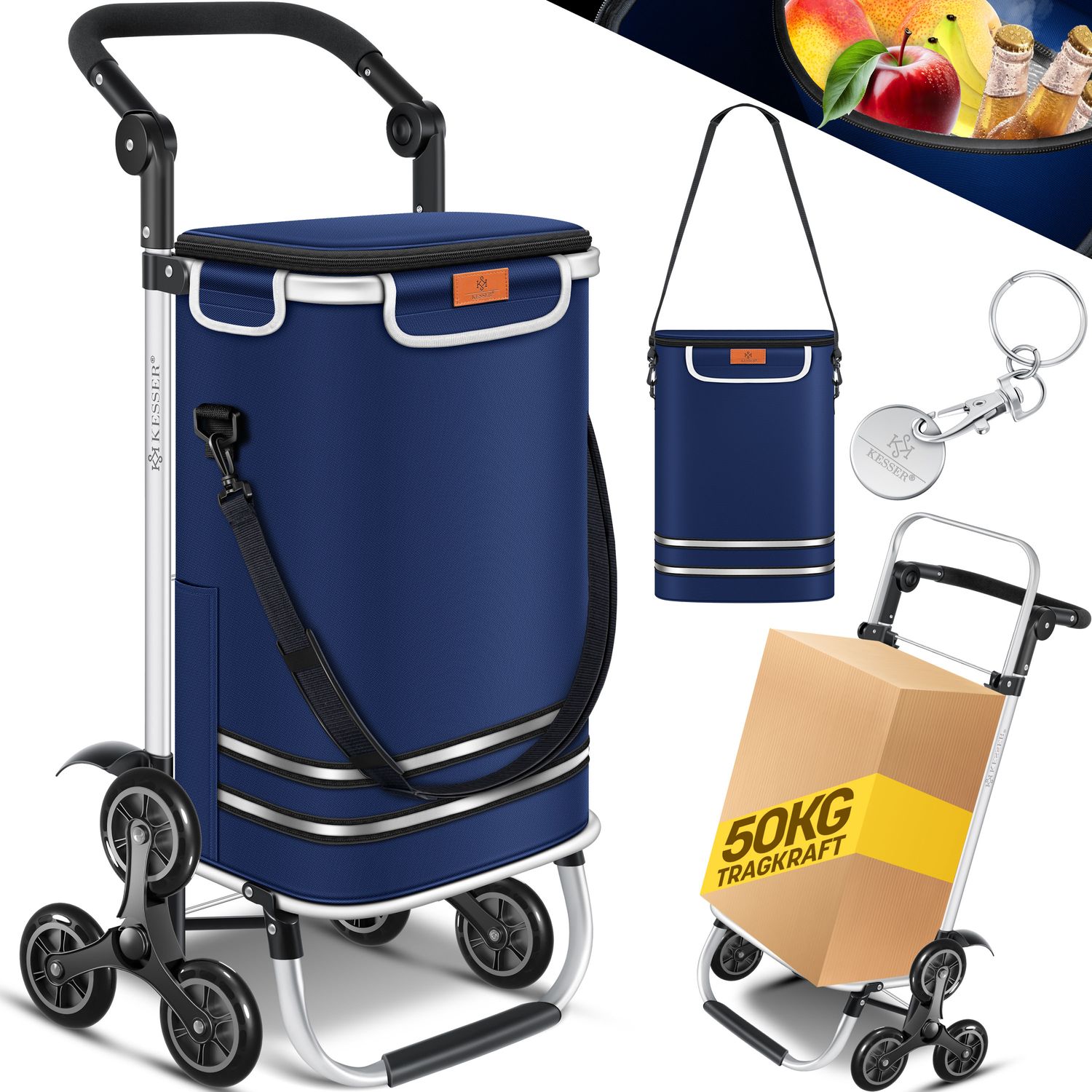 KESSER&reg; Einkaufstrolley Treppensteiger mit K&uuml;hlfach klappbar mit 56L Kapazit&auml;t und belastbar bis 50kg | 3in1 Trolley Sackkarre & Umh&auml;ngetasche | Faltbarer Einkaufswagen inkl. Einkaufschip - Bild 1