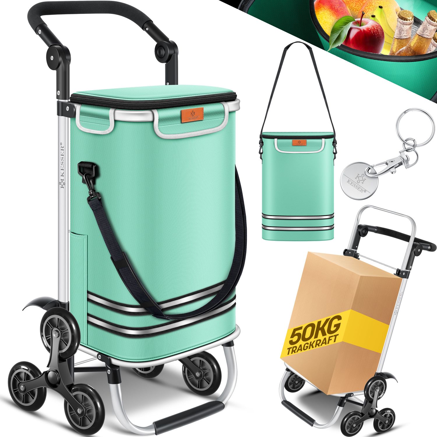 KESSER&reg; Einkaufstrolley Treppensteiger mit K&uuml;hlfach klappbar mit 56L Kapazit&auml;t und belastbar bis 50kg | 3in1 Trolley Sackkarre & Umh&auml;ngetasche | Faltbarer Einkaufswagen inkl. Einkaufschip - Bild 1