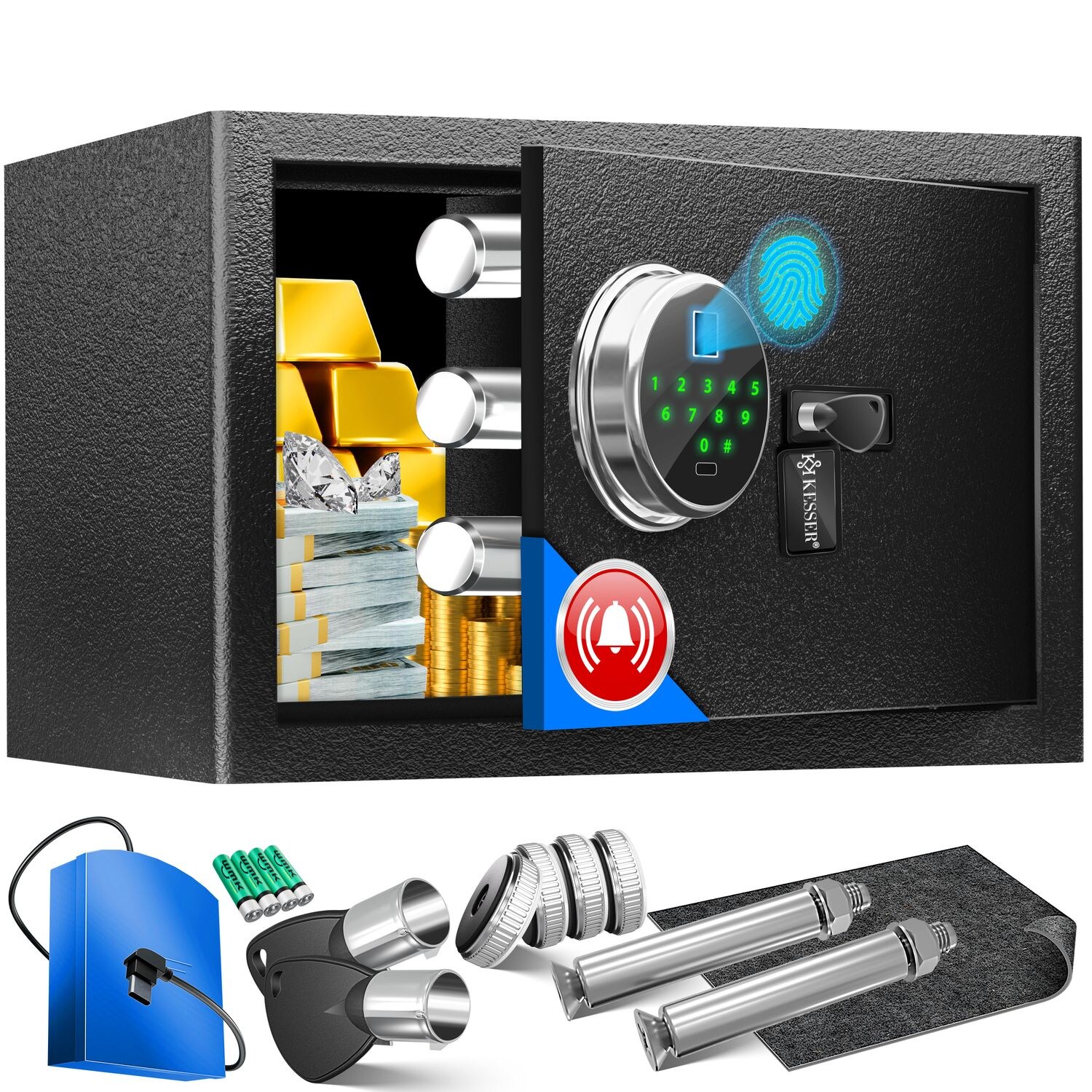 KESSER® Elektr. Tresor mit Fingerabdruck & Schlüssel   Inkl. Notfallakku   Elektronischer Safe   3x Doppelbolzenverriegelung   Boden Wandtresor   Möbeltresor   Panzerschrank Zahlenschloss | 04255598338134