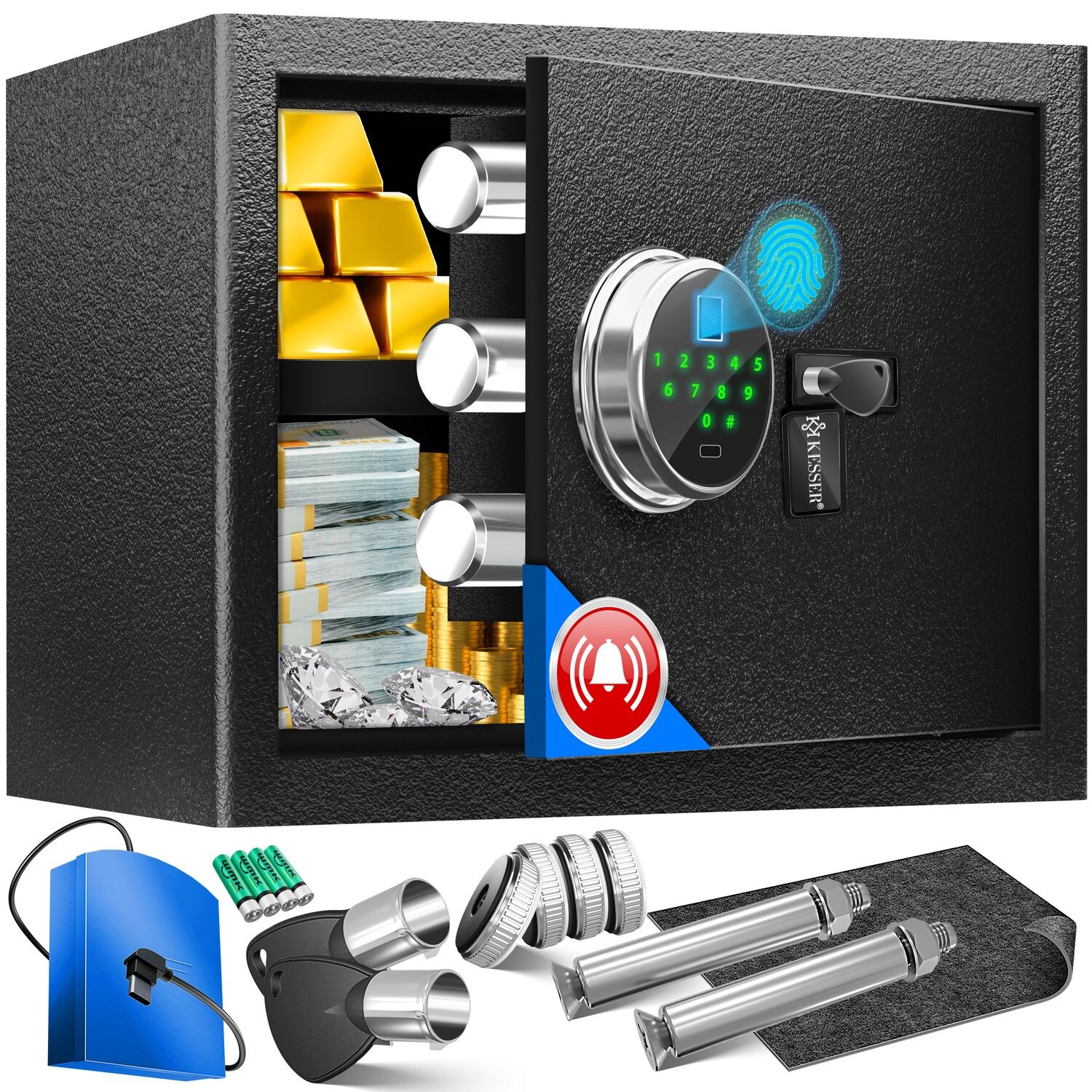 KESSER® Elektr. Tresor mit Fingerabdruck & Schlüssel   Inkl. Notfallakku   Elektronischer Safe   3x Doppelbolzenverriegelung   Boden Wandtresor   Möbeltresor   Panzerschrank Zahlenschloss | 04255598338141