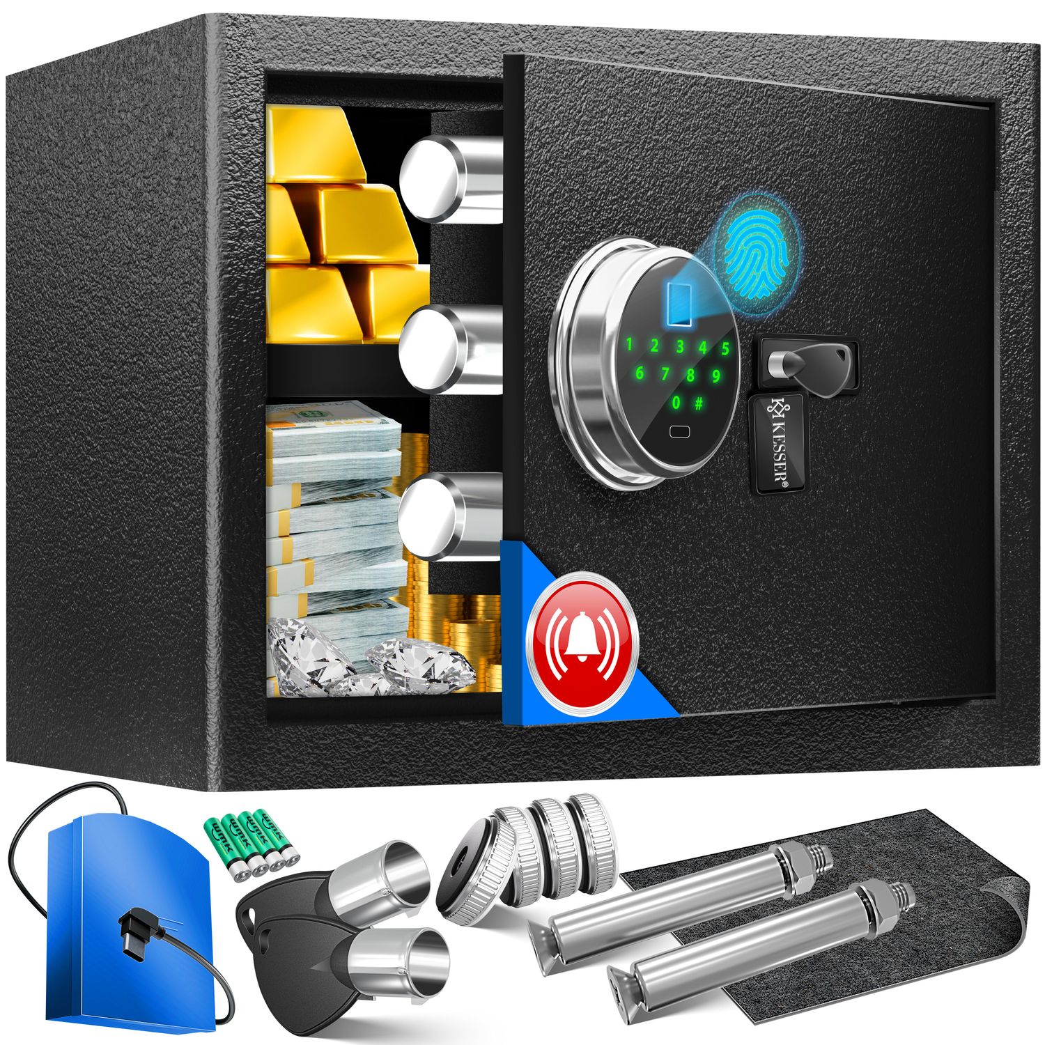 KESSER&reg; Elektr. Tresor mit Fingerabdruck & Schl&uuml;ssel | Inkl. Notfallakku | Elektronischer Safe | 3x Doppelbolzenverriegelung | Boden Wandtresor | M&ouml;beltresor | Panzerschrank Zahlenschloss - Bild 1