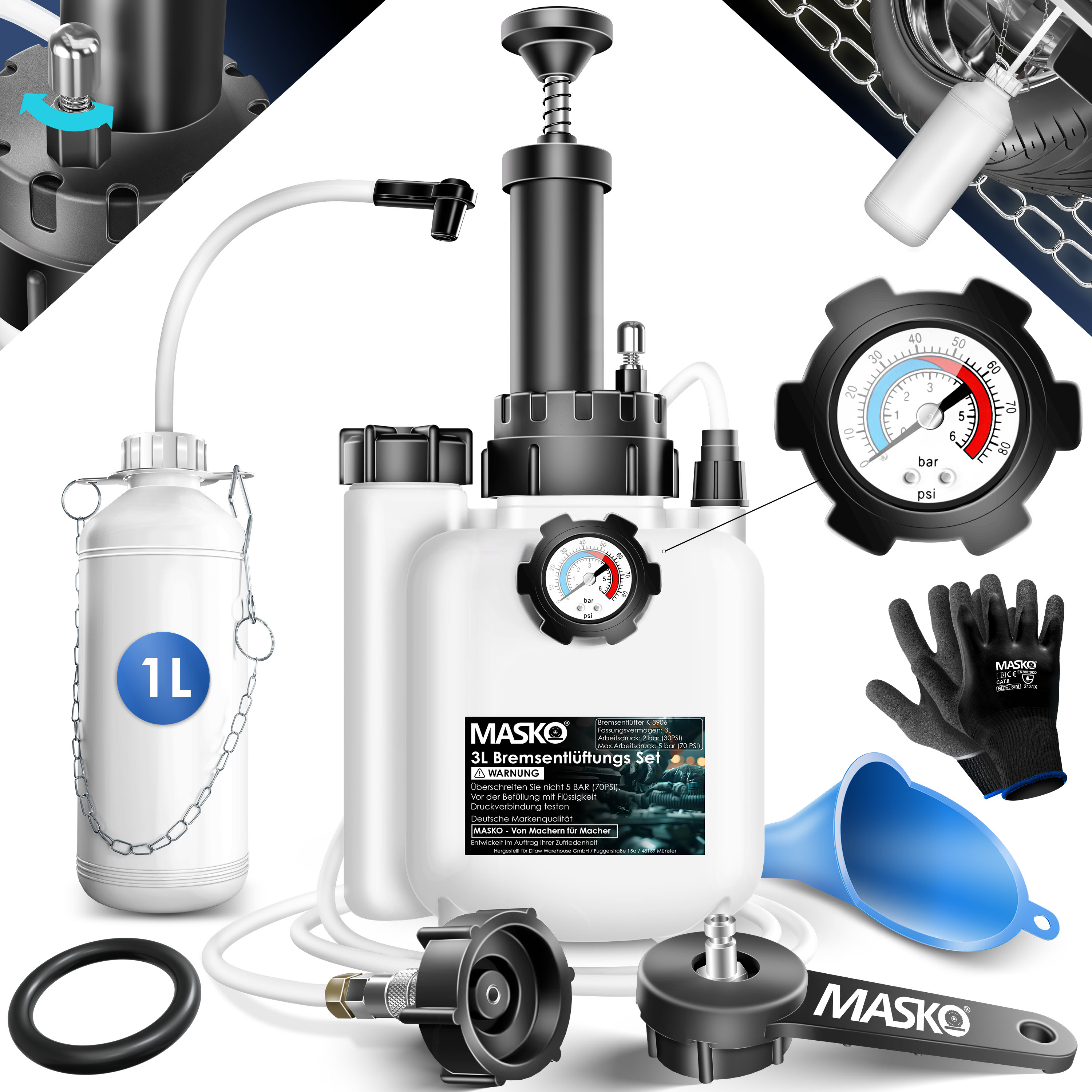 MASKO&reg; Bremsenentl&uuml;ftungsger&auml;t Auto Bremsentl&uuml;fter KFZ Bremsfl&uuml;ssigkeits-Wechselger&auml;t 3L f&uuml;r Scheibenbremsen & Trommelbremsen mit Handpumpe & 1L Absaugbeh&auml;lter f&uuml;r E20, Adapter, Schlauch & Zubeh&ouml;r - Bild 1
