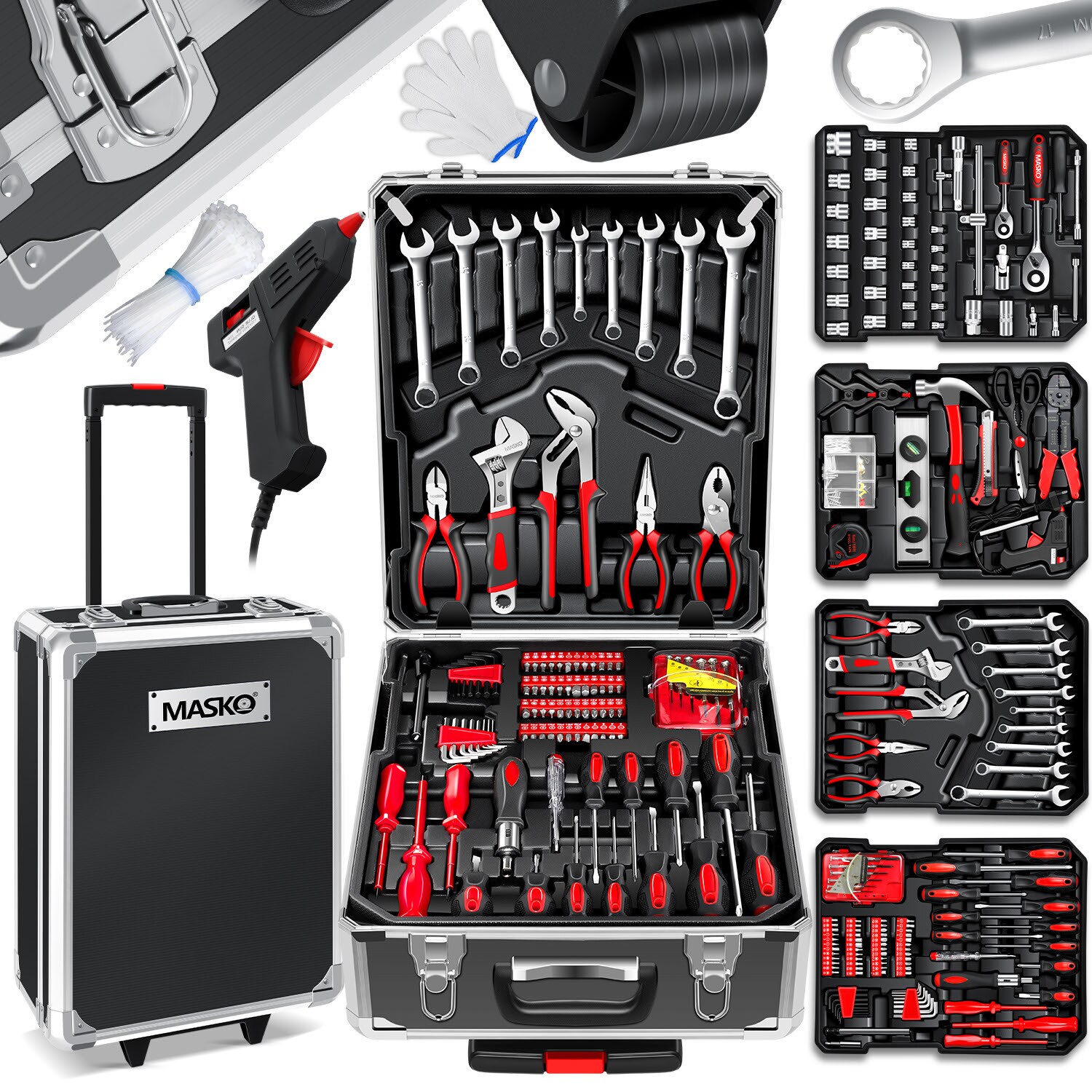 MASKO® Werkzeugkoffer 1400-teilig gefüllt Werkzeugset im Aluminiumkoffer Werkzeugkasten mit Rollen Werkzeugkiste Haushalt, Haus, Hobby, KFZ Trolley-Funktion Profi Werkzeugwagen Handwerkzeug